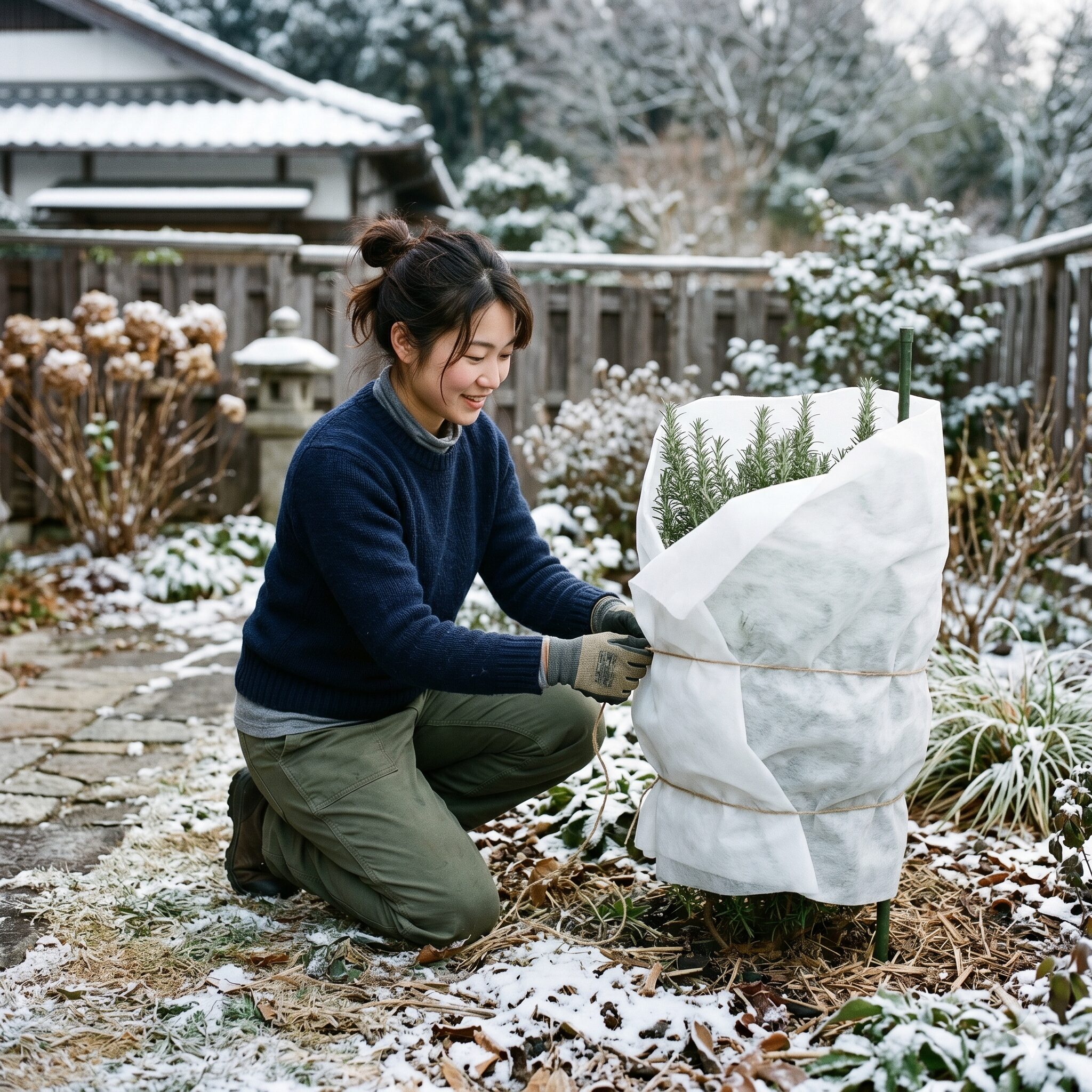 ローズマリー枯れたら6　地植えローズマリーの冬の寒風対策。不織布で株全体を包んだ様子