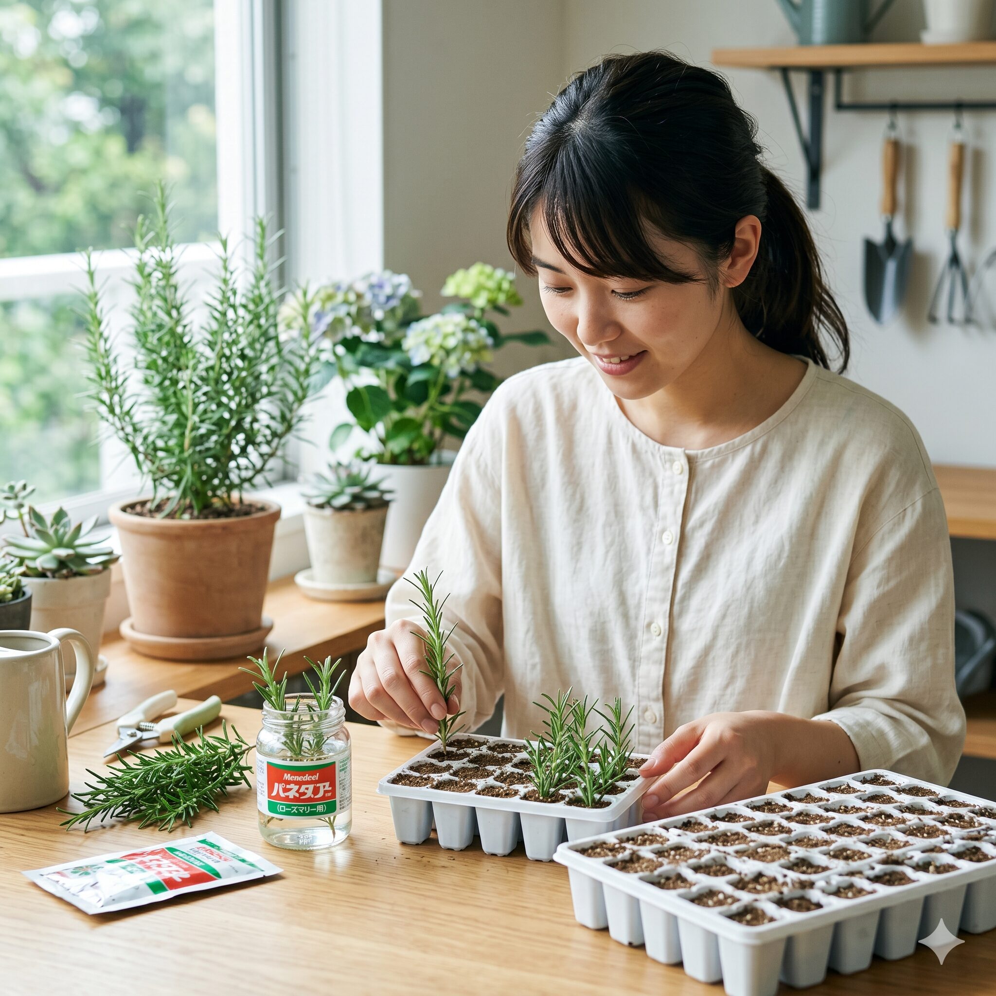 ローズマリー枯れたら8　ローズマリーの挿し木。水揚げされた挿し穂と挿し木専用土、育苗トレイ