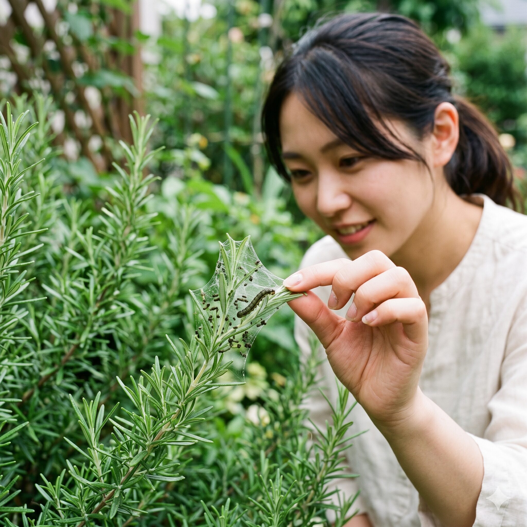 ローズマリー枯れたら9　ローズマリーの害虫被害。ベニフキノメイガの幼虫が新芽を糸で綴じている様子