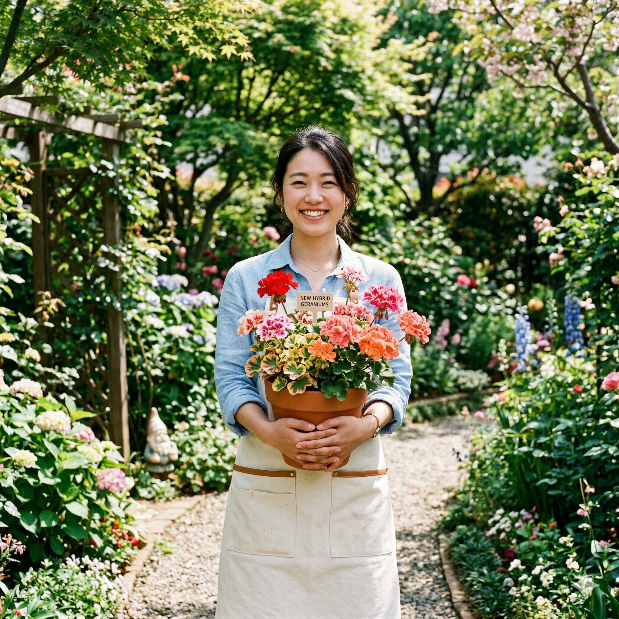 珍しい ゼラニウム 新品種1　庭で珍しいゼラニウムの鉢植えを笑顔で持つ若い日本人女性