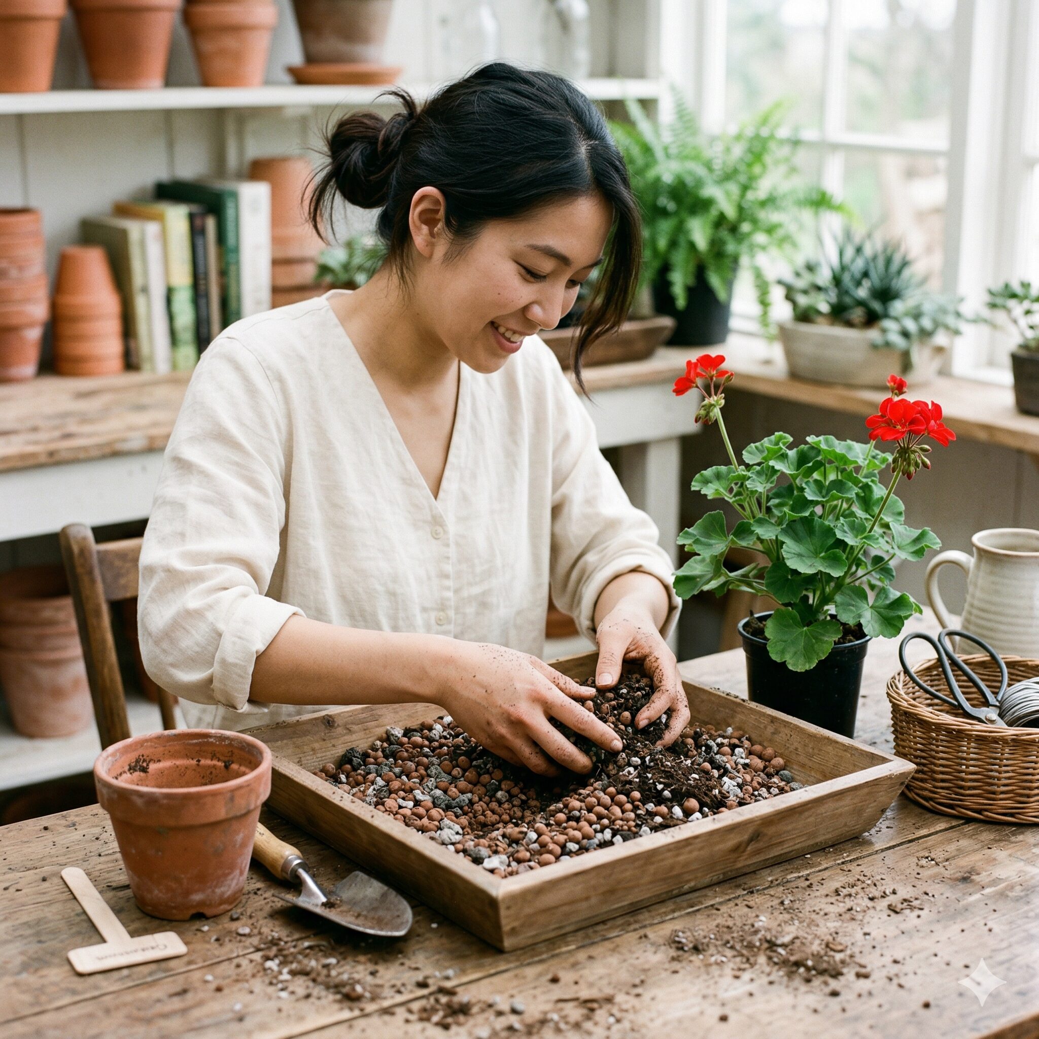 珍しい ゼラニウム 新品種8　ゼラニウムの栽培に最適な水はけの良い土を作るガーデニング作業