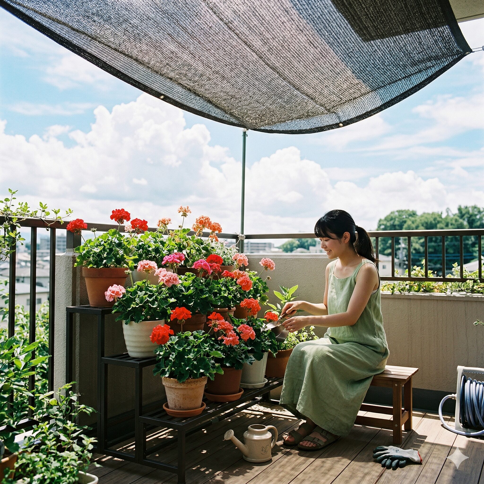 珍しい ゼラニウム 新品種9　夏の西日を避け遮光ネットの下で管理されるゼラニウムの鉢植え