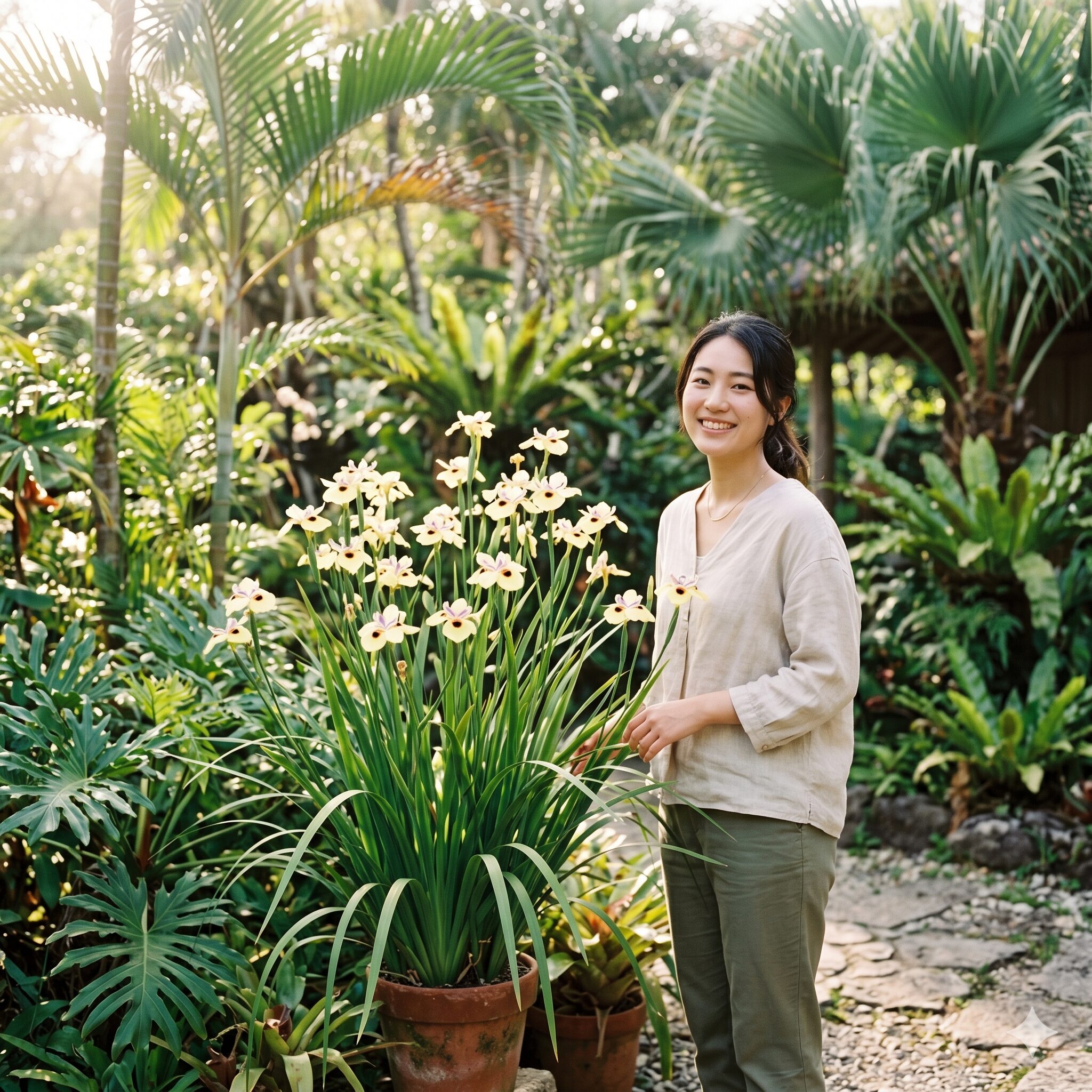 琉球 シャガ1　庭園で凛と咲くクリーム色の琉球シャガ（ディエティス・ビコロル）