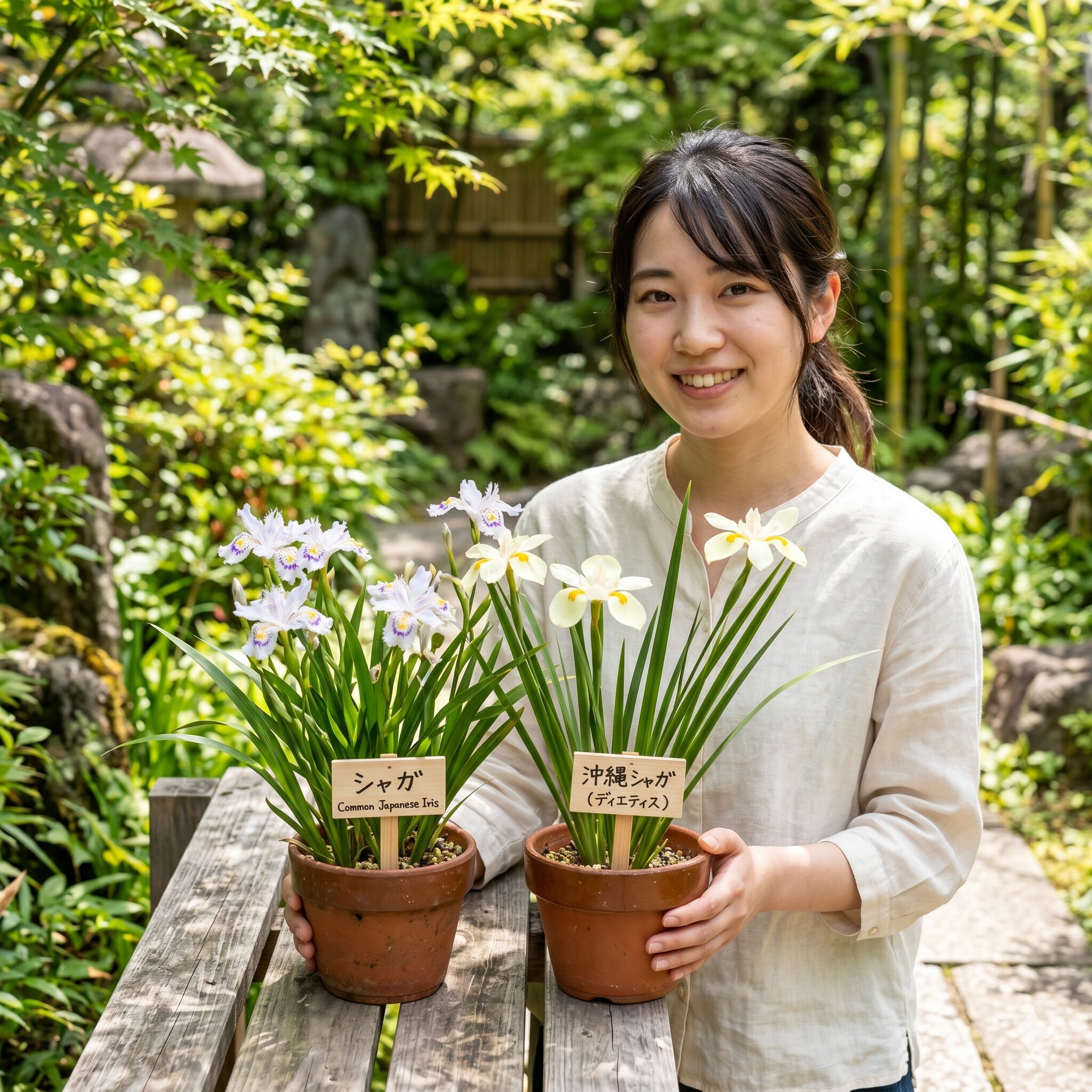 琉球 シャガ3　一般的なシャガと沖縄シャガ（ディエティス・ビコロル）の花の違いを比較した様子