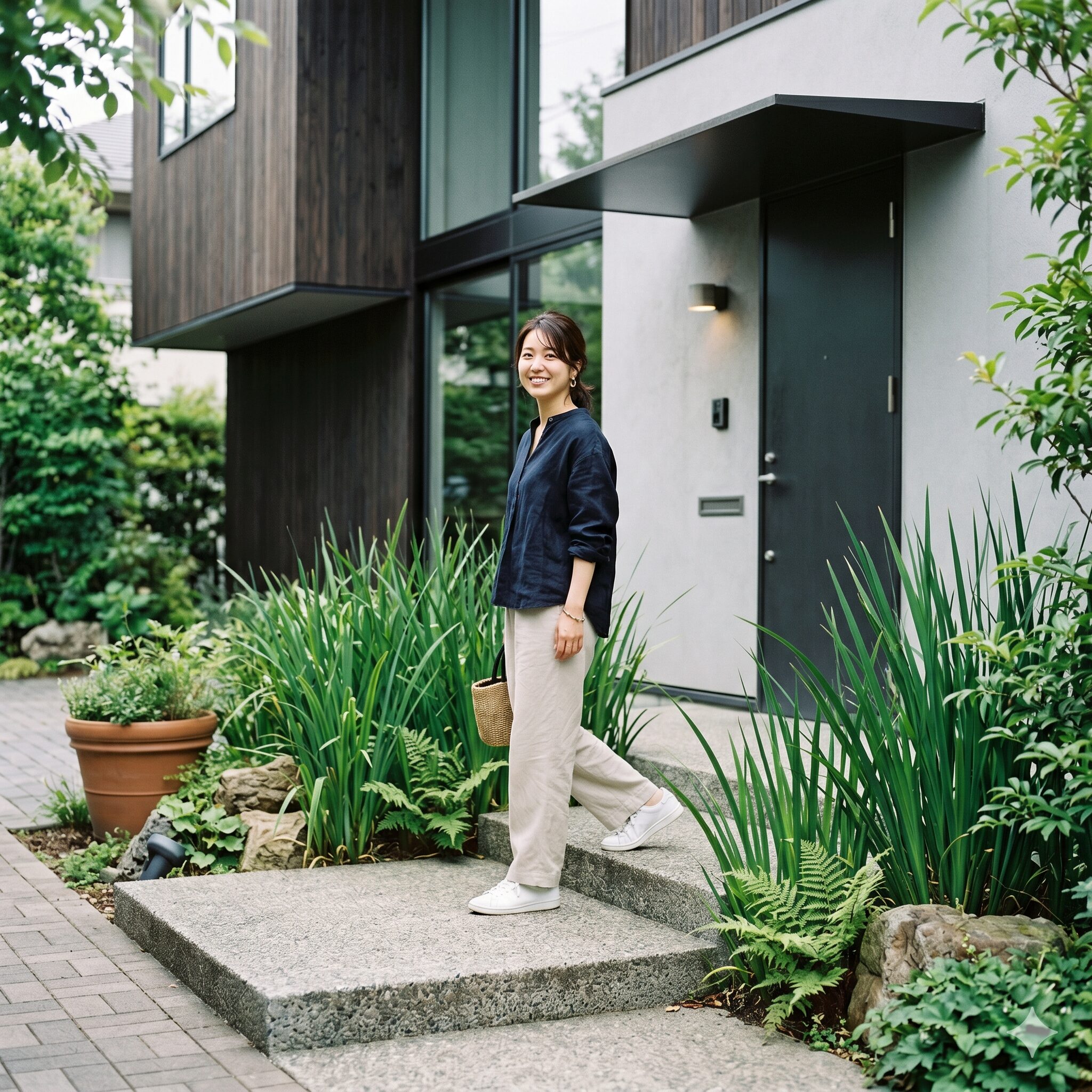 琉球 シャガ4　モダンな住宅の外構に馴染む琉球シャガのスタイリッシュな植栽例