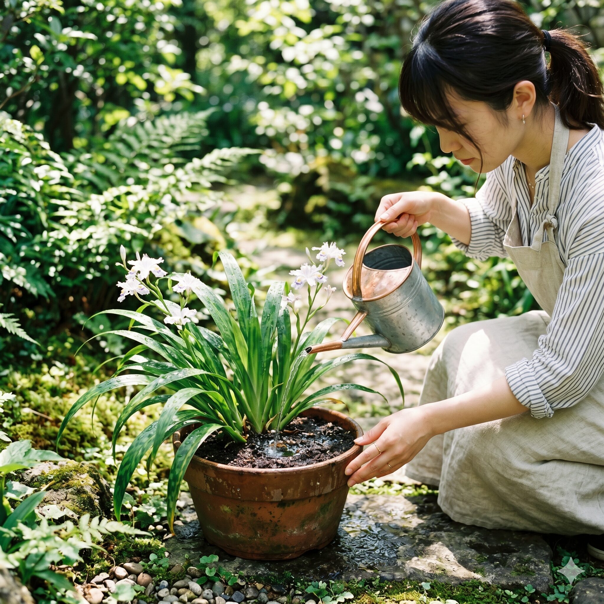 琉球 シャガ6　明るい日陰で琉球シャガに水やりをするガーデニングの様子
