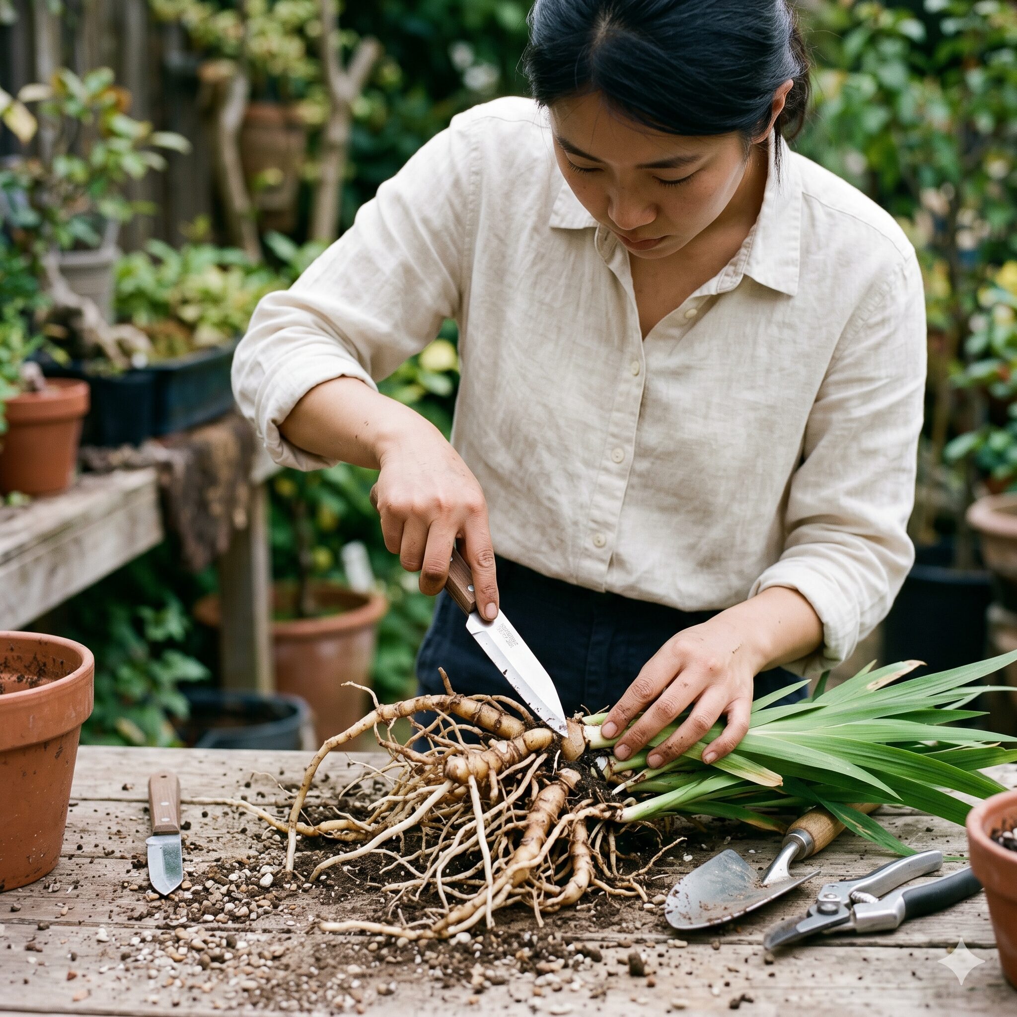 琉球 シャガ7　琉球シャガを増やすために根茎をナイフで株分けする作業