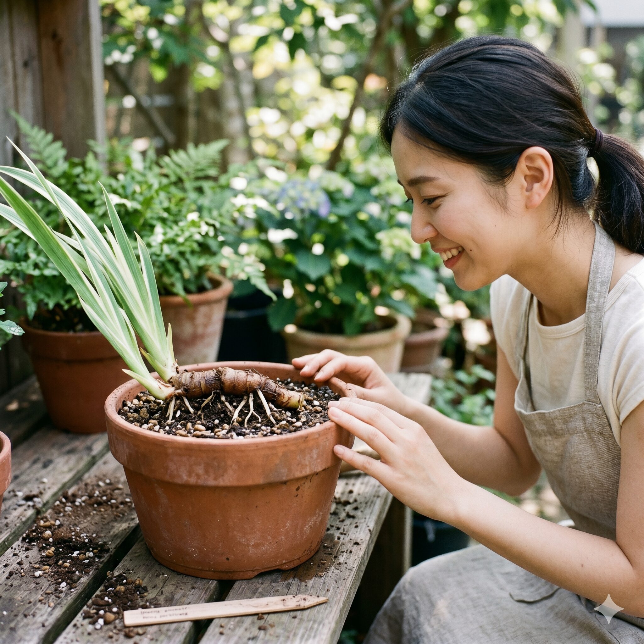 琉球 シャガ8　琉球シャガの根腐れを防ぐ正しい浅植えの植え替え例