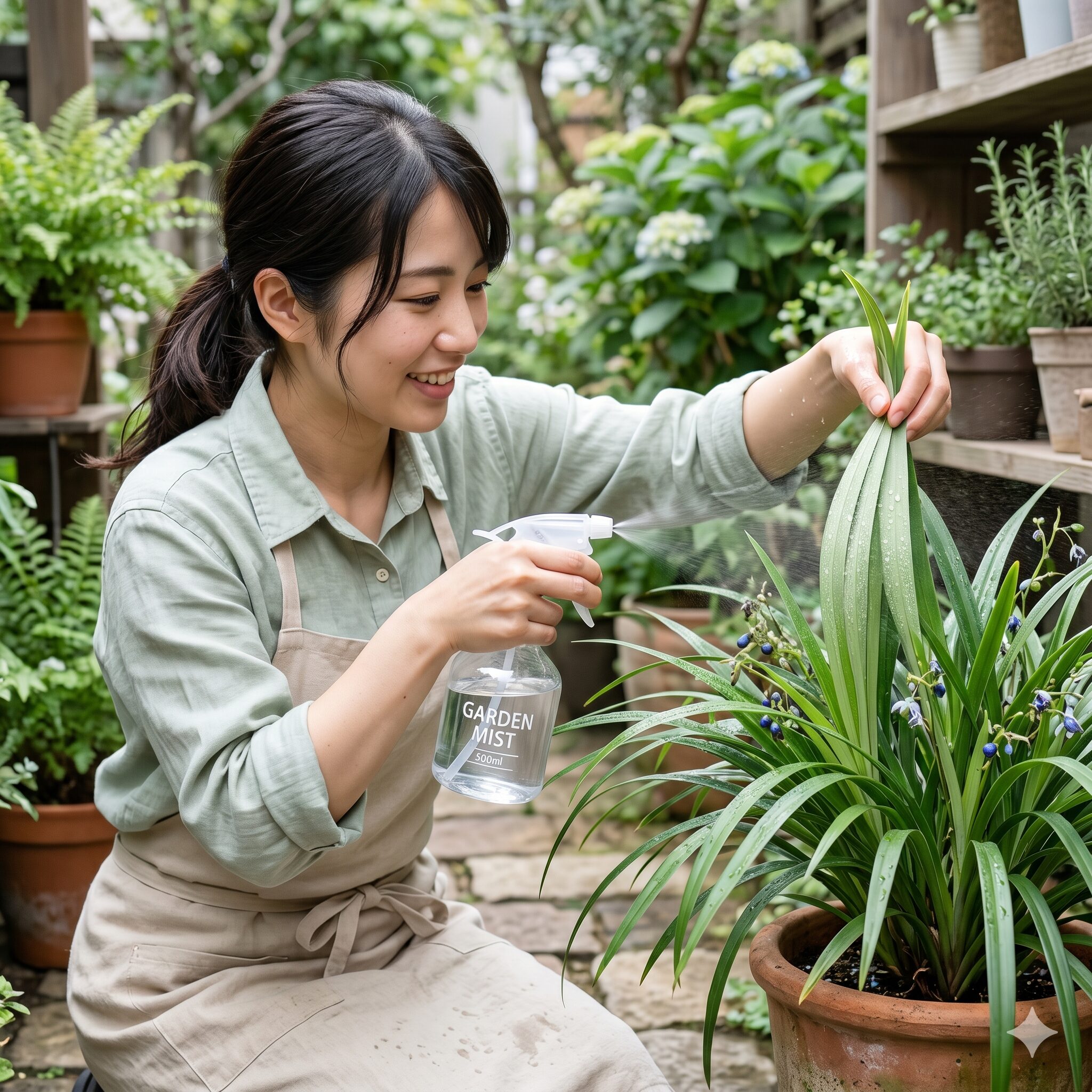 琉球 シャガ9　琉球シャガの病害虫を予防するために葉水を与える様子