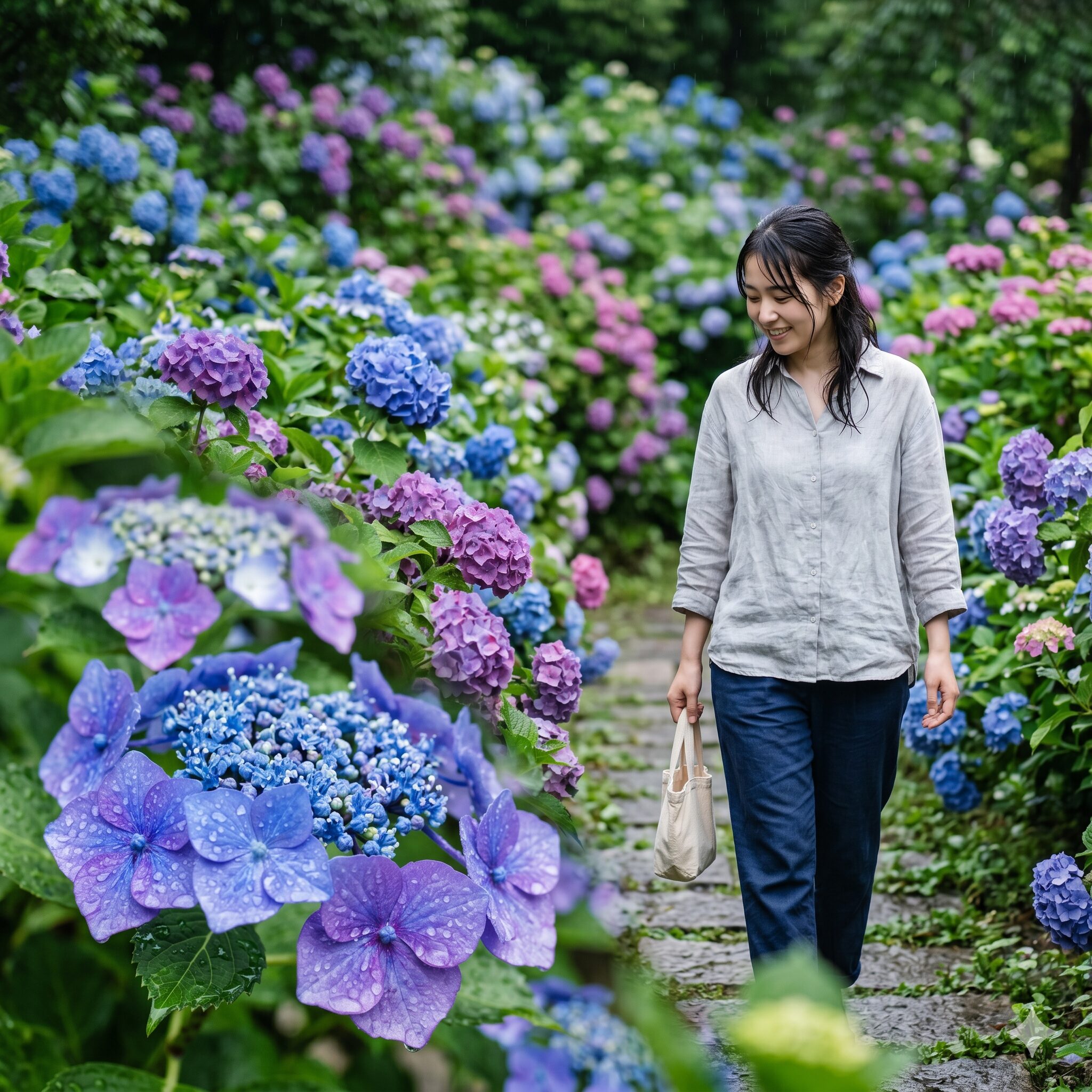 紫陽花 いつ咲く1　雨の雨に濡れて瑞々しく輝く庭の青い紫陽花