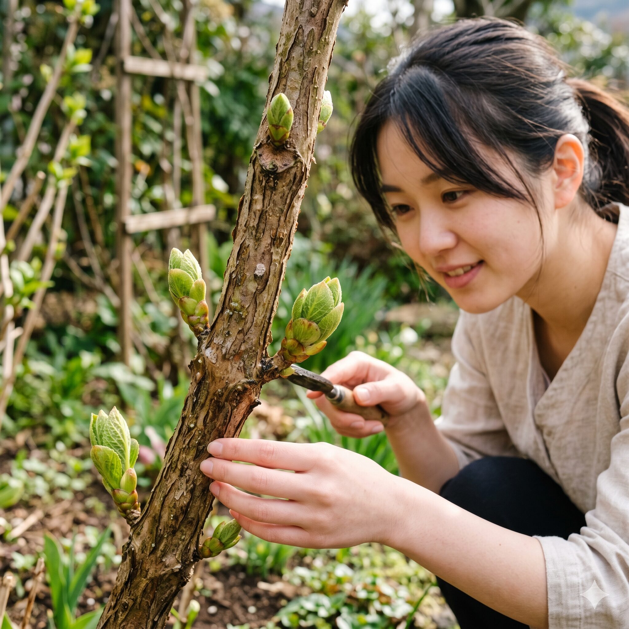 紫陽花 いつ咲く2　春の積算温度によって膨らみ始めた紫陽花の新しい芽と蕾