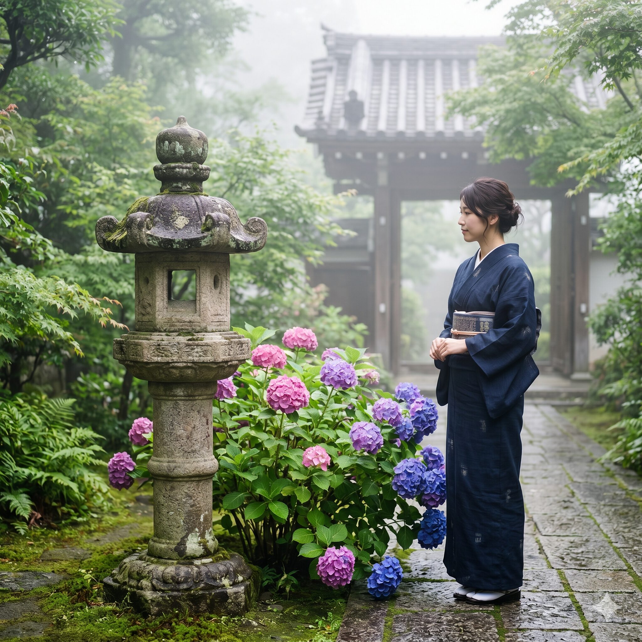 紫陽花 いつ咲く4　京都の寺院で石灯籠を彩る情緒豊かな紫陽花の群生