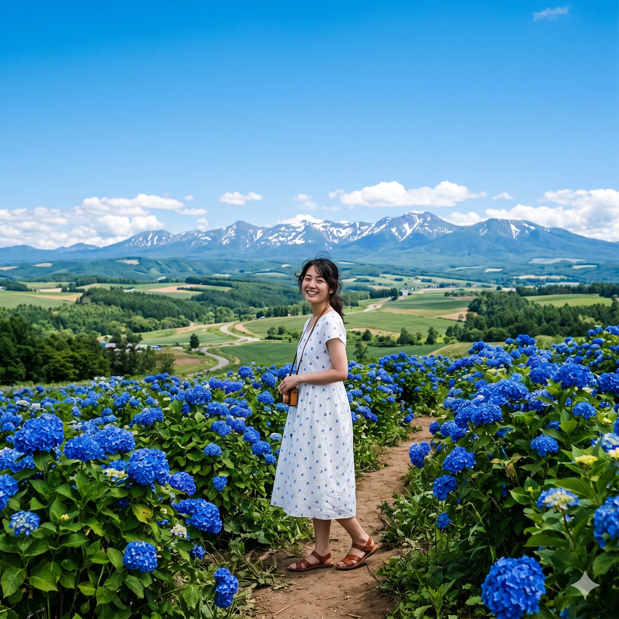 紫陽花 いつ咲く5　北海道の爽やかな夏空に映える鮮明な発色の青い紫陽花