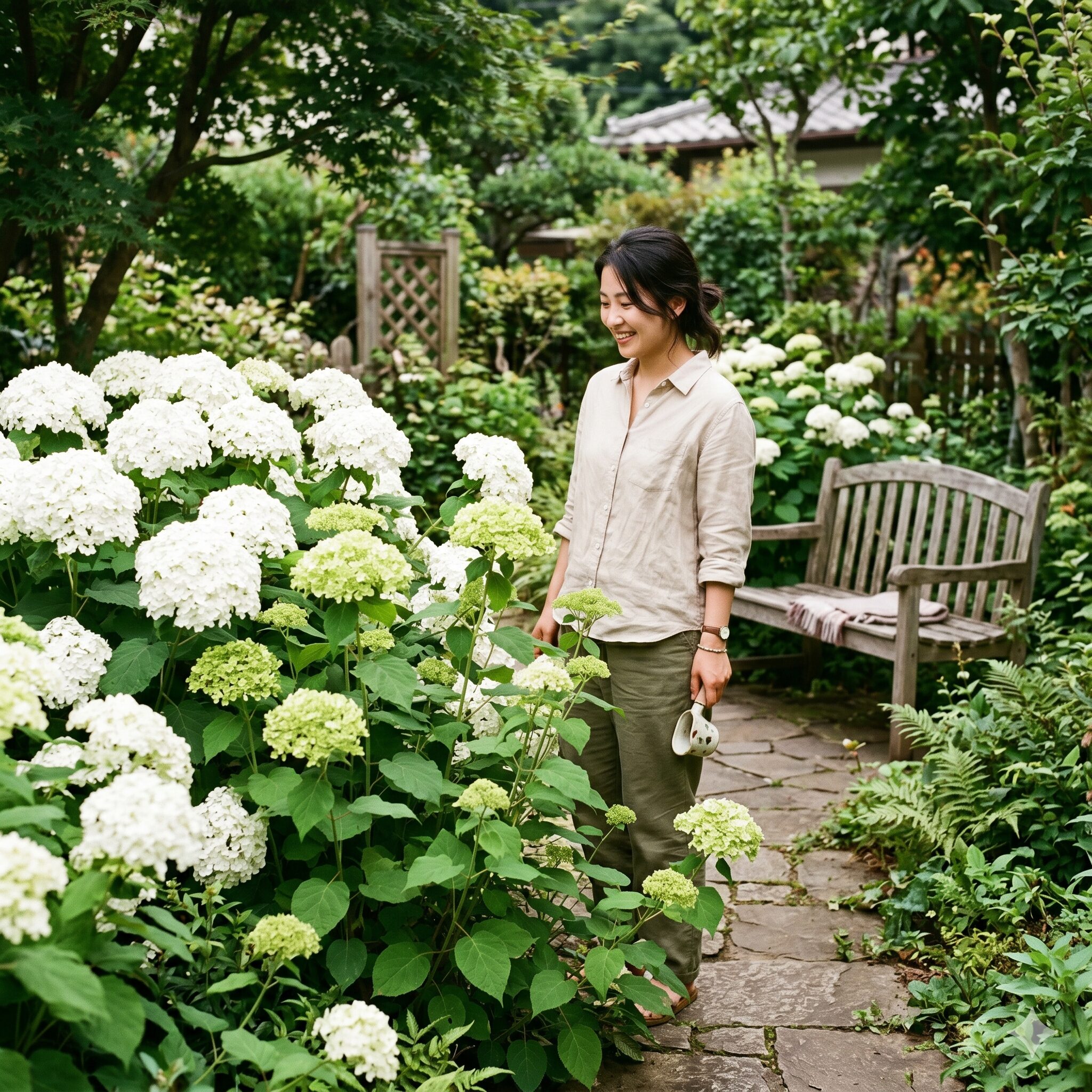 紫陽花 いつ咲く6　ライムグリーンから白へ変化するアナベルのグラデーション