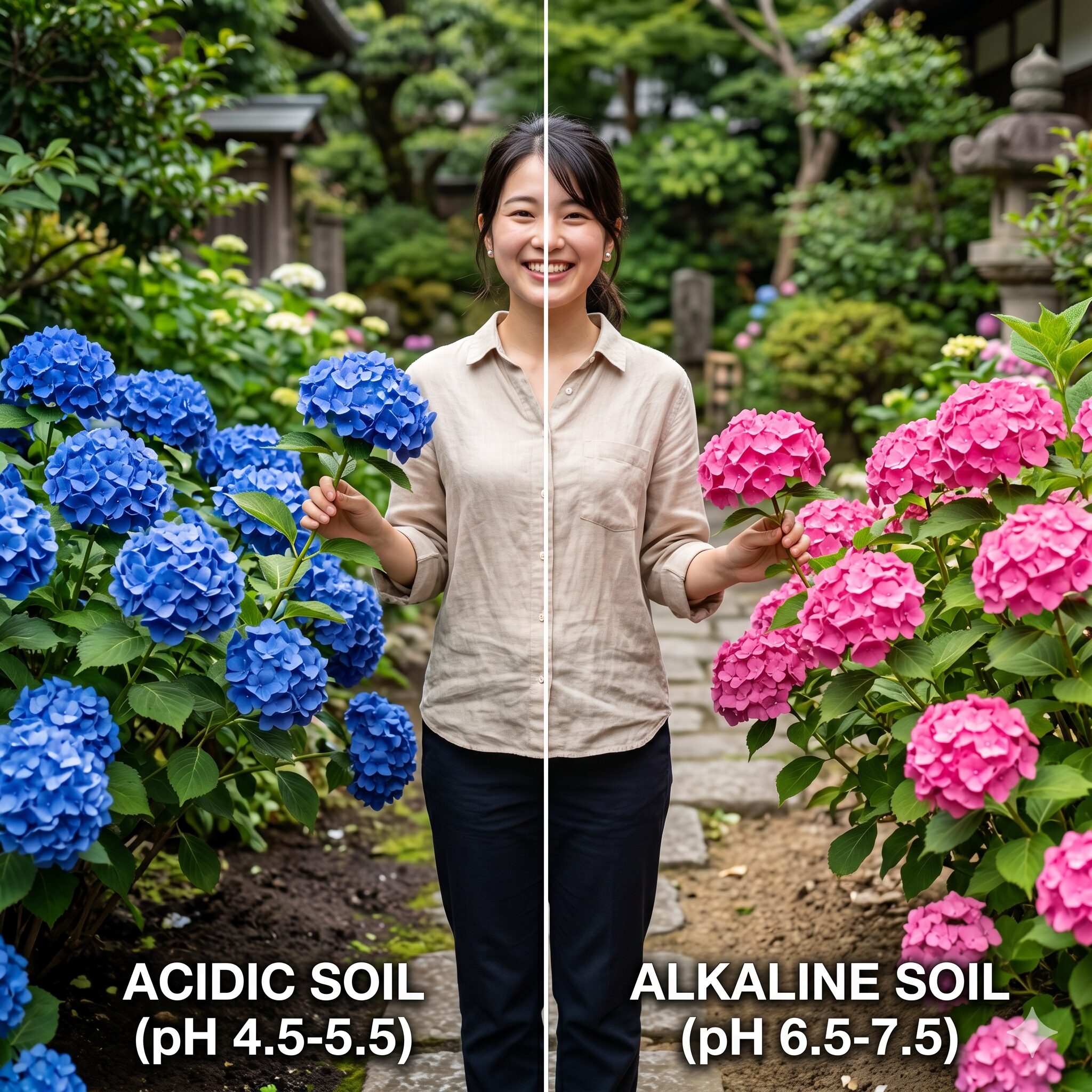 紫陽花 いつ咲く8　土壌のpH（酸性・アルカリ性）によって変化する紫陽花の青色と赤色の比較