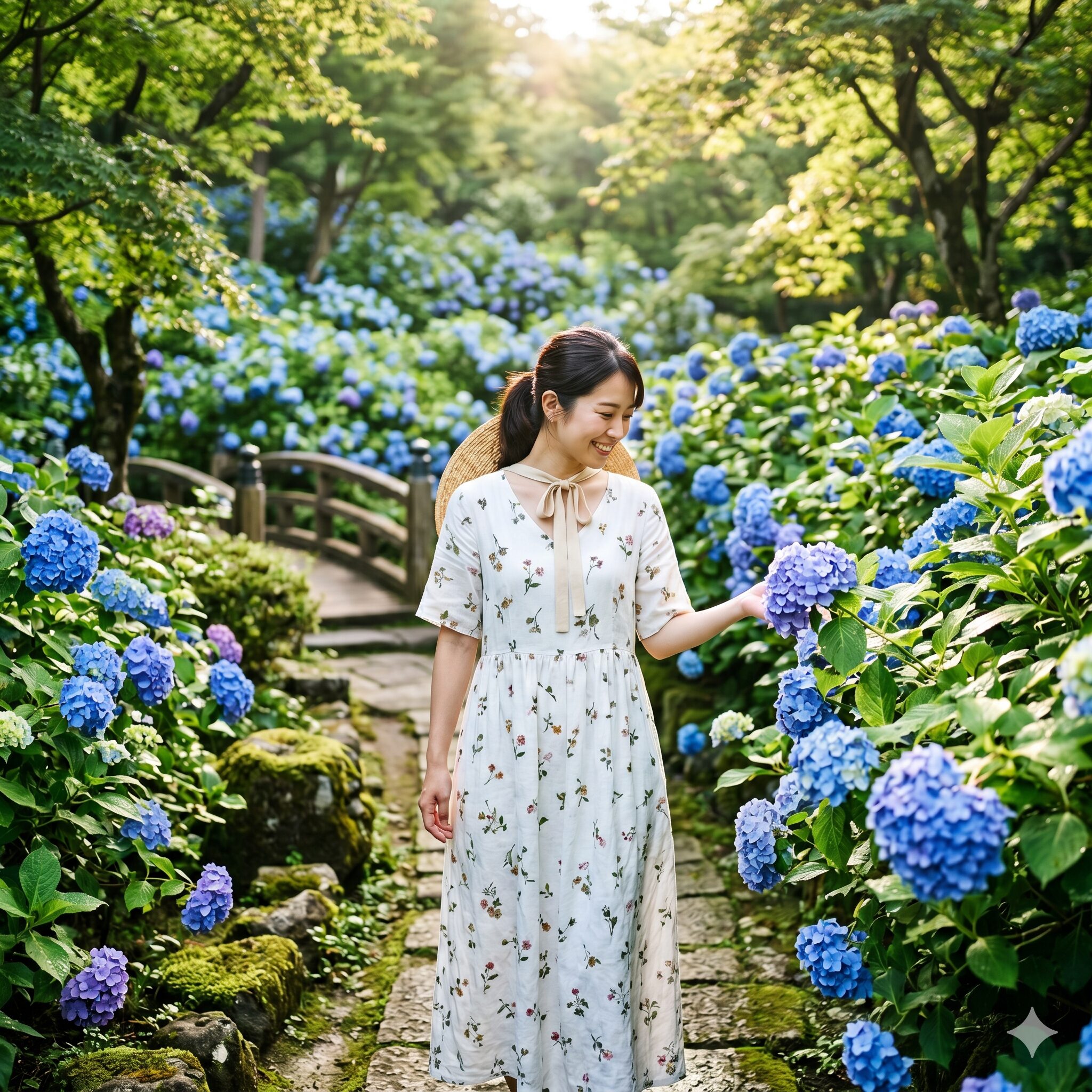 紫陽花 英語1　初夏の日本庭園で満開の青い紫陽花を楽しむ日本人女性