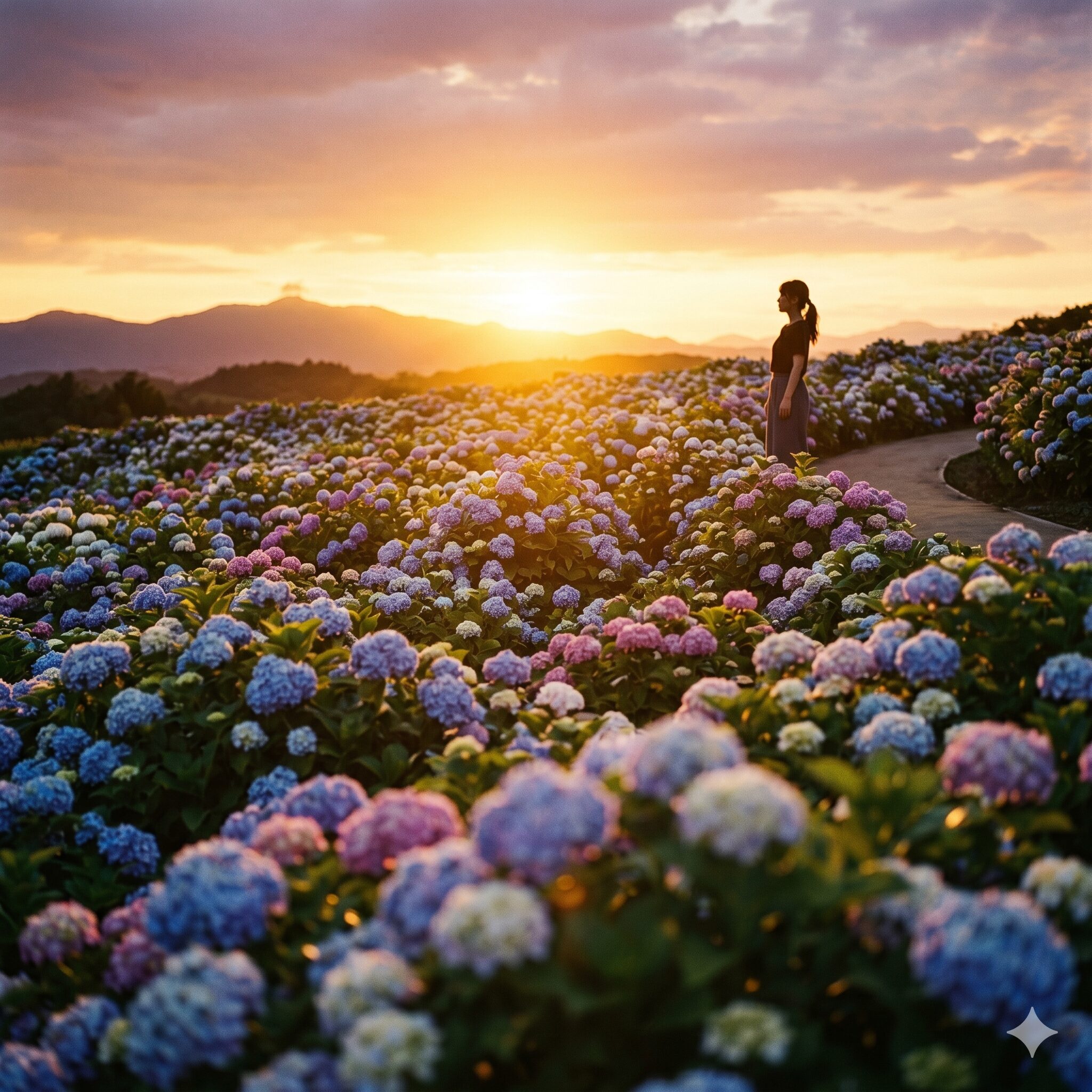 紫陽花 英語10 夕暮れ時の紫陽花畑と庭づくりを楽しむ日本人女性の風景