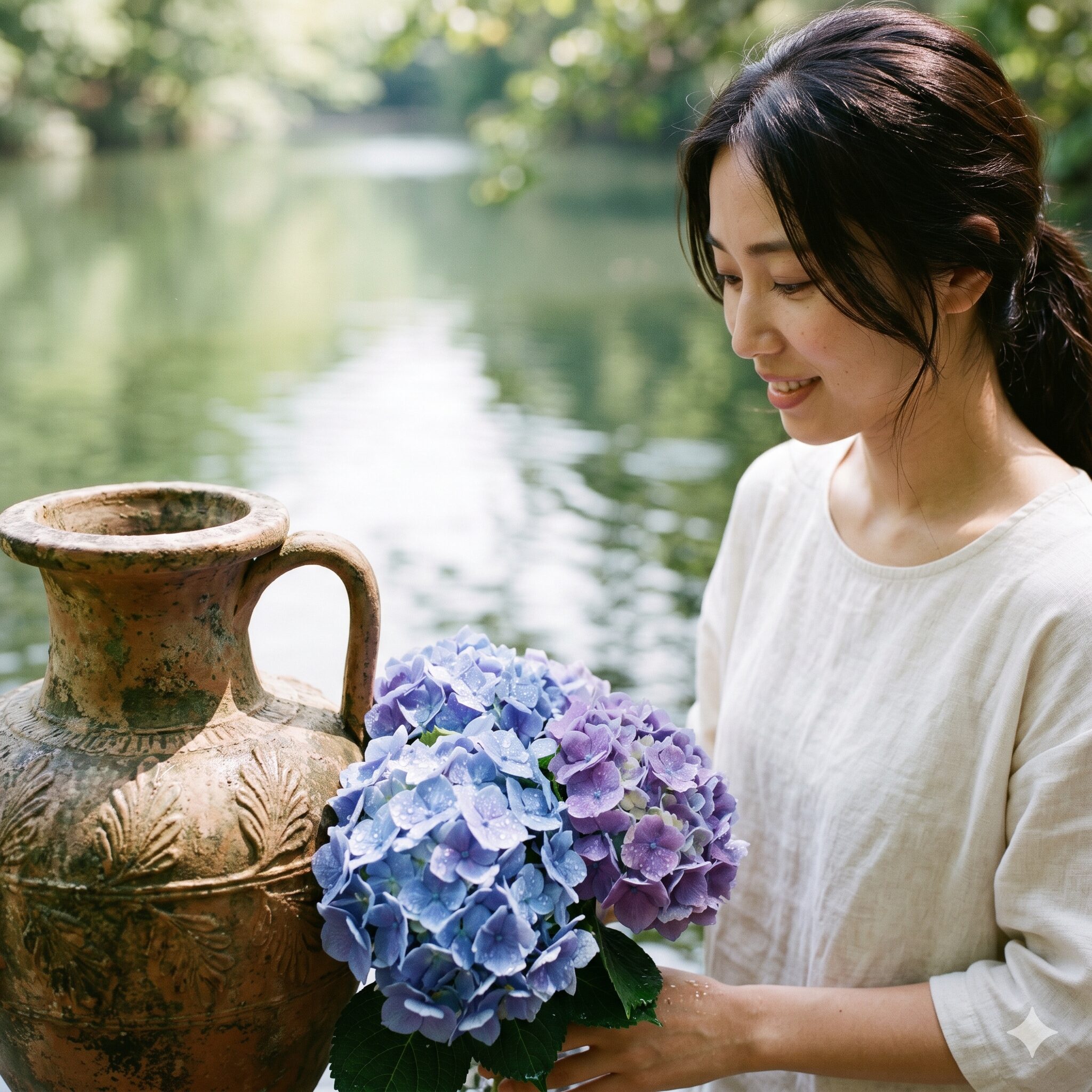 紫陽花 英語2 紫陽花の英語名の語源「水の器」をイメージしたアンティークな水瓶と花