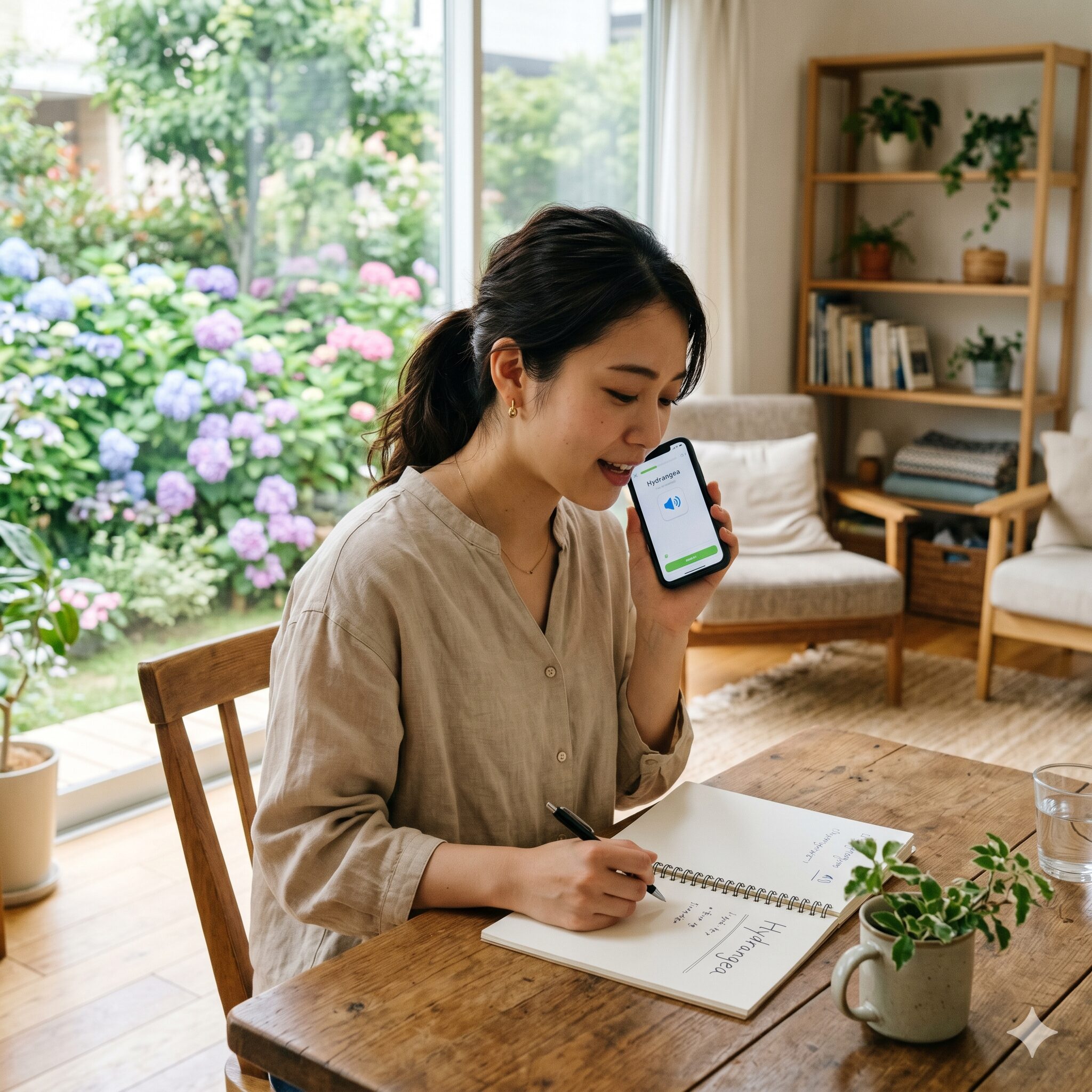 紫陽花 英語3 紫陽花の英語名Hydrangeaの正しい発音を自宅で練習する日本人女性