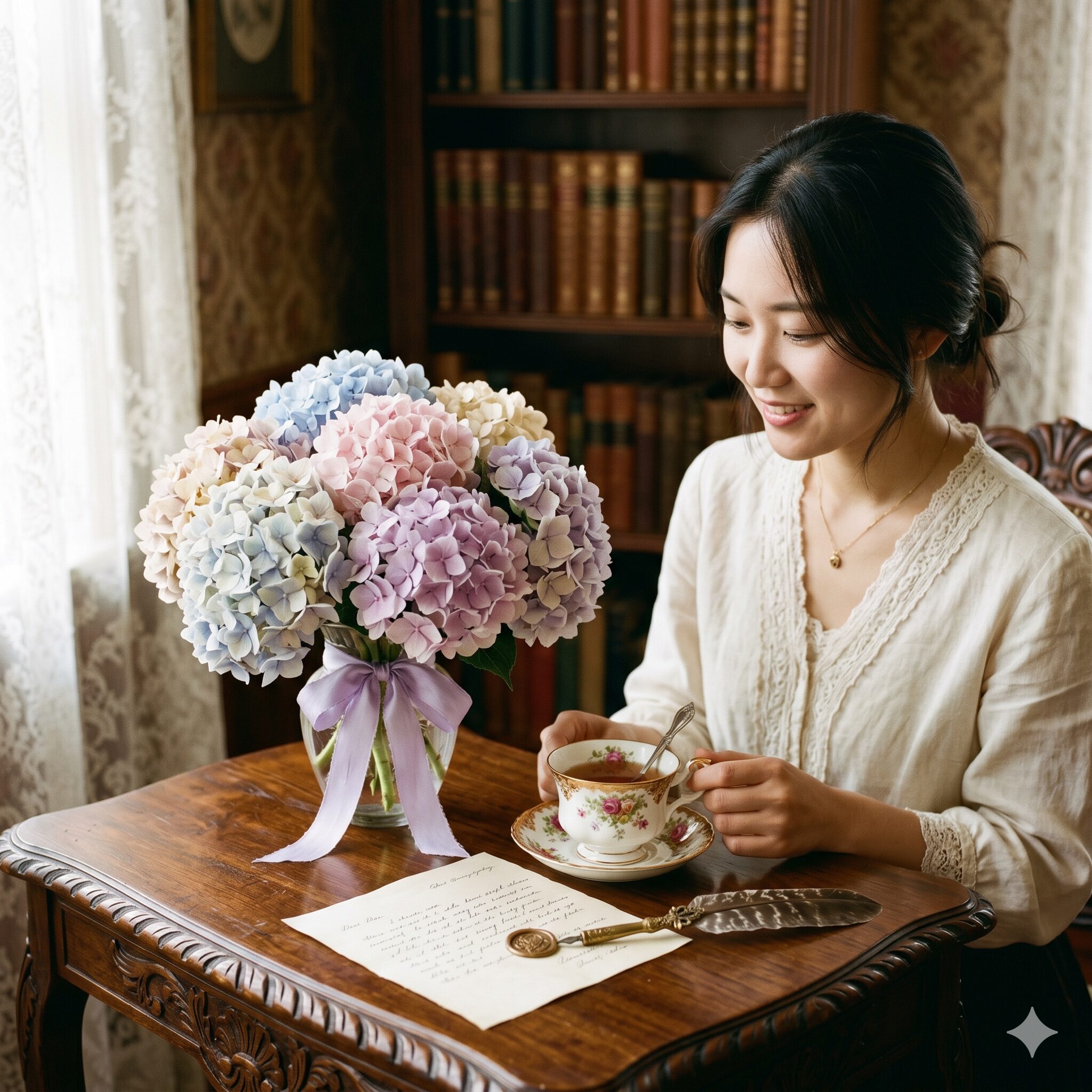 紫陽花 英語6 西洋のアンティークなインテリアと紫陽花の花束