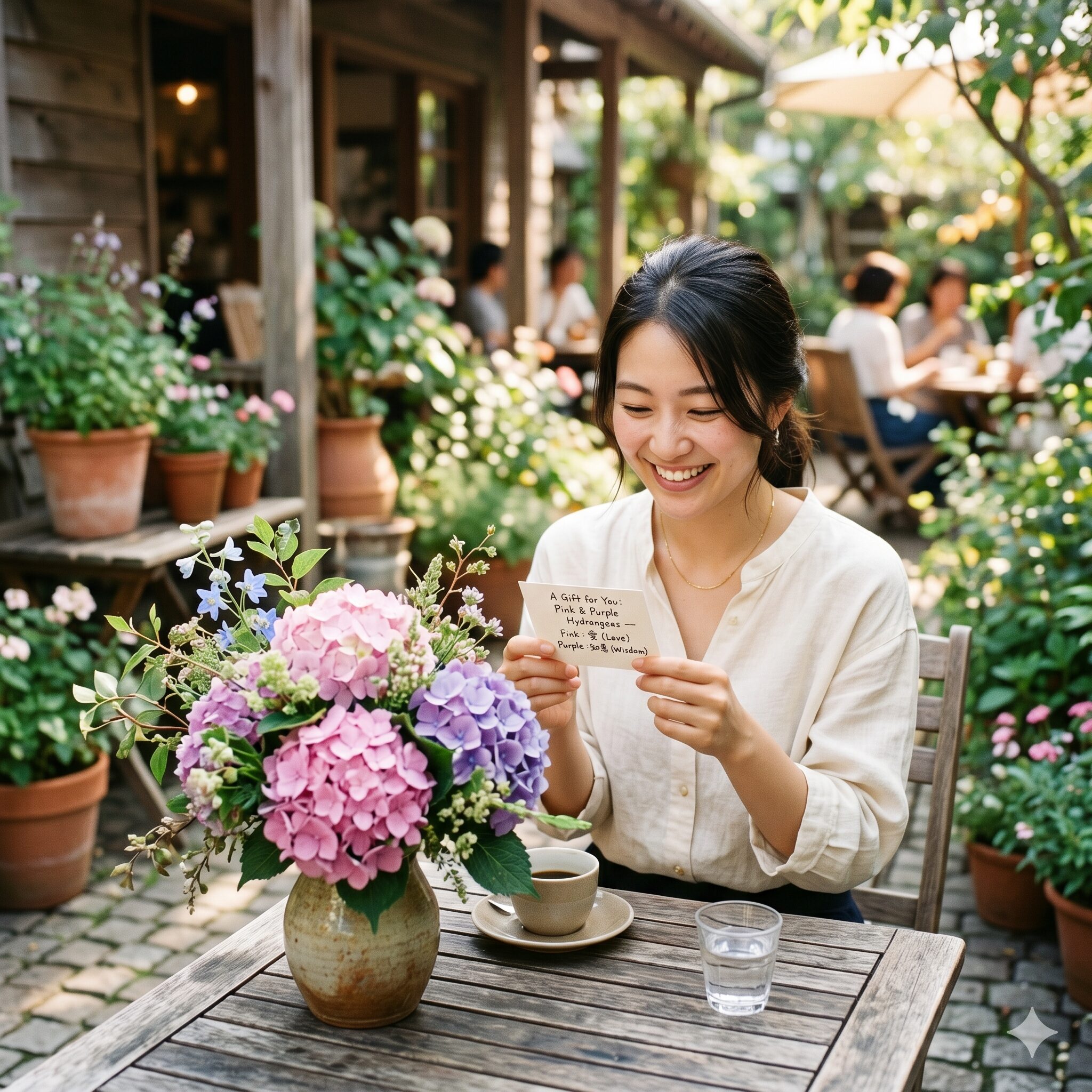 紫陽花 英語8 ピンクと紫の紫陽花をギフトとして受け取る日本人女性