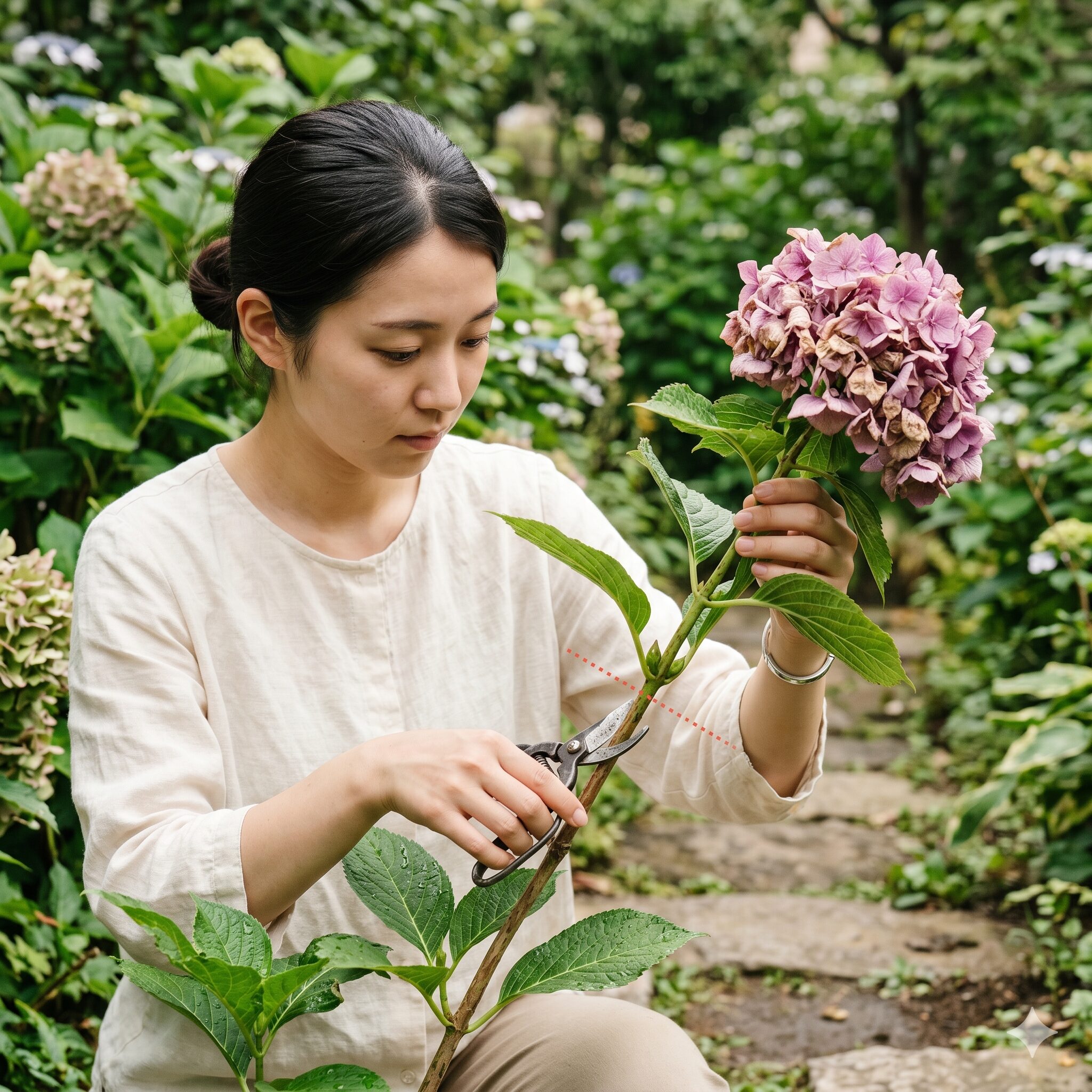 紫陽花 鉢植え 枯れる10　紫陽花の正しい剪定位置。翌年の開花を促すために節の少し上で切るガーデニング技術。