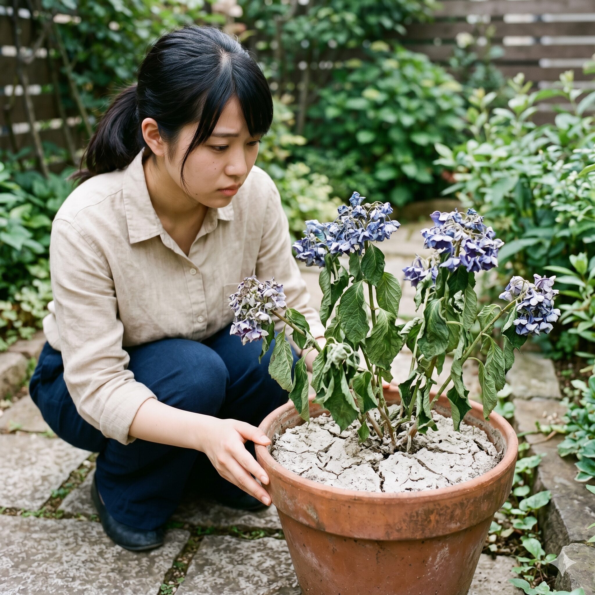 紫陽花 鉢植え 枯れる2　水切れで葉が萎凋し、しおれた状態の紫陽花の鉢植え。土壌の乾燥が目立つ様子。