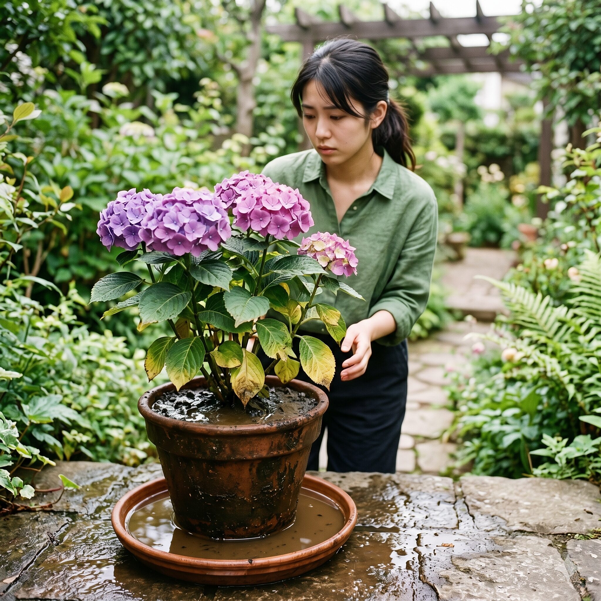 紫陽花 鉢植え 枯れる3　根腐れの原因となる土壌の過湿状態。水が溜まった受け皿と黄色く変色した紫陽花の葉。