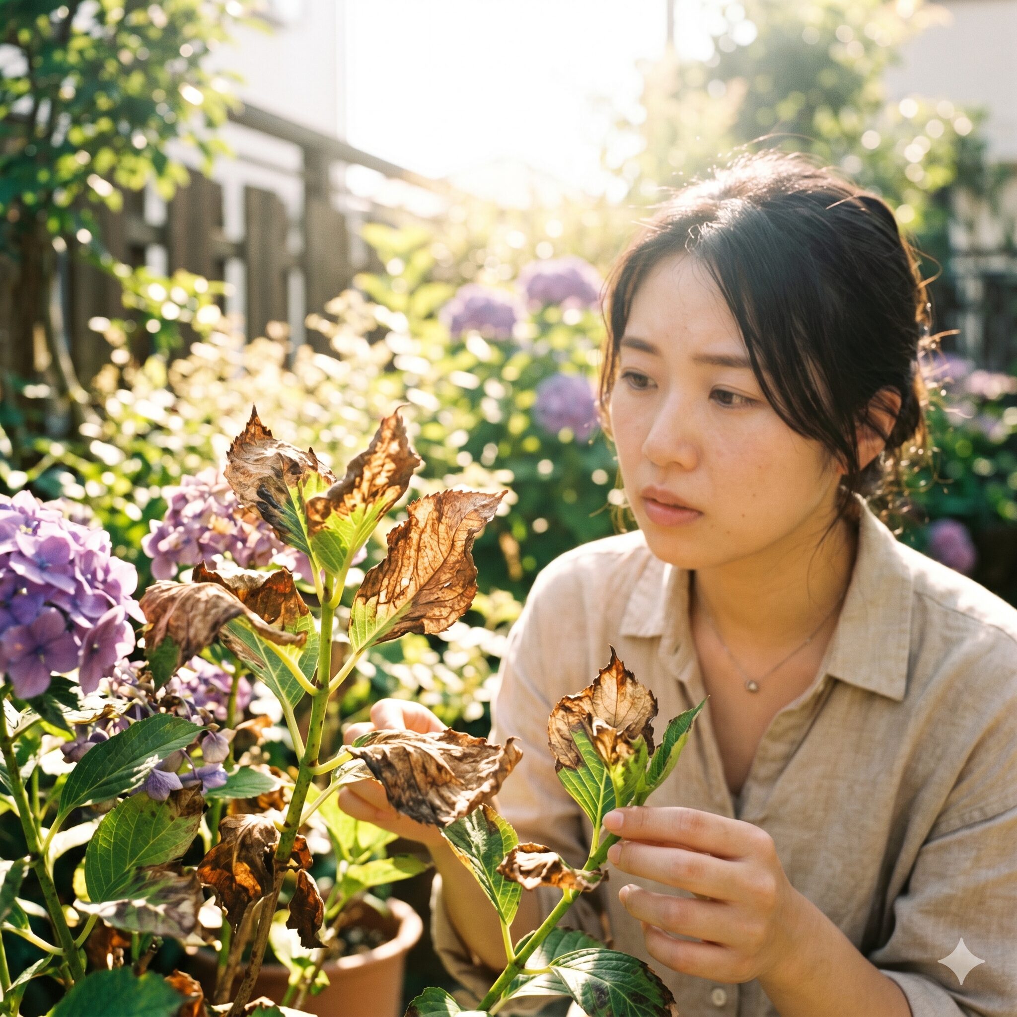 紫陽花 鉢植え 枯れる4　夏の直射日光による紫陽花の葉焼け。茶色く変色し枯れた葉の細部。
