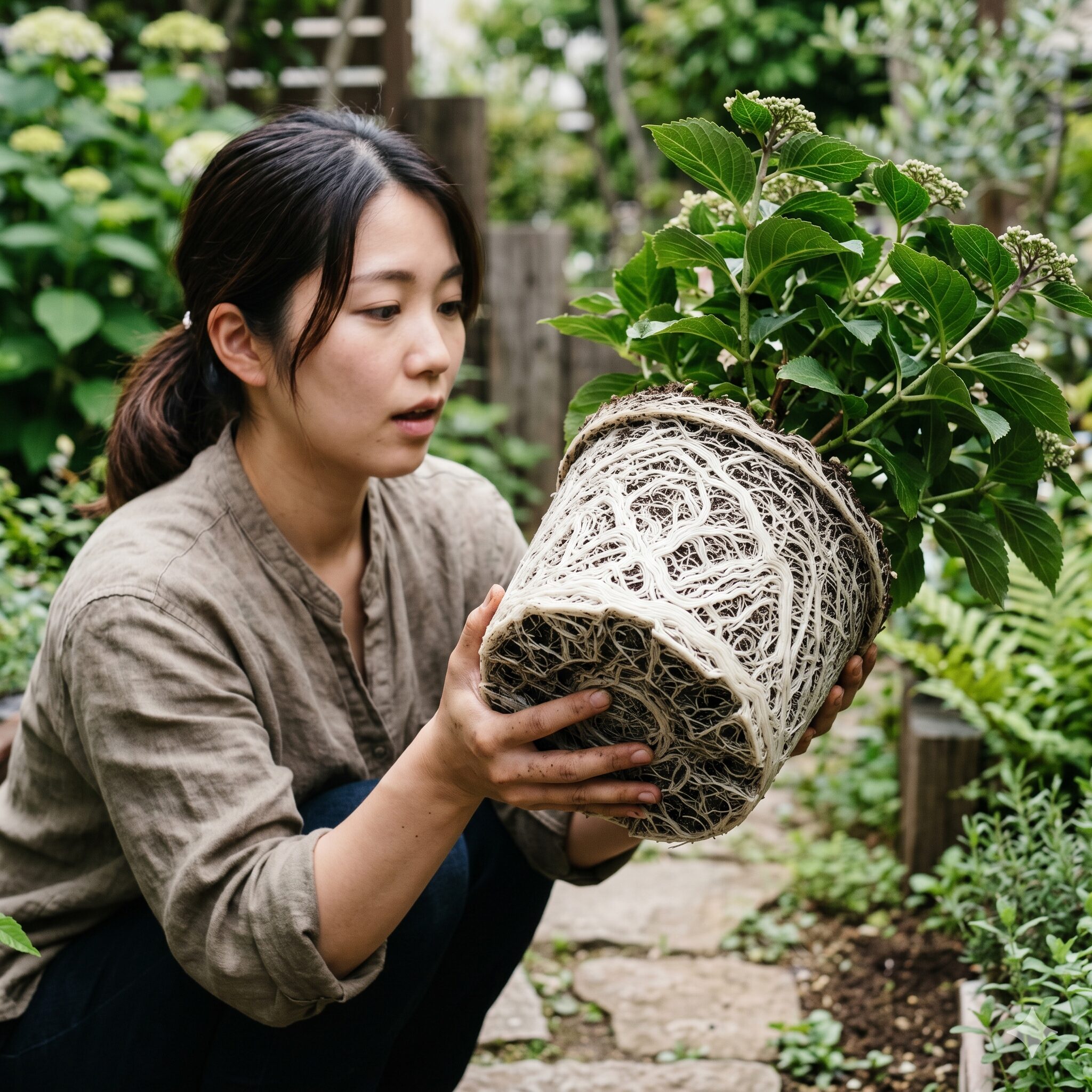 紫陽花 鉢植え 枯れる5　根詰まり（ルーティング）を起こした紫陽花の鉢植え。鉢の形に沿って密集した根の様子。
