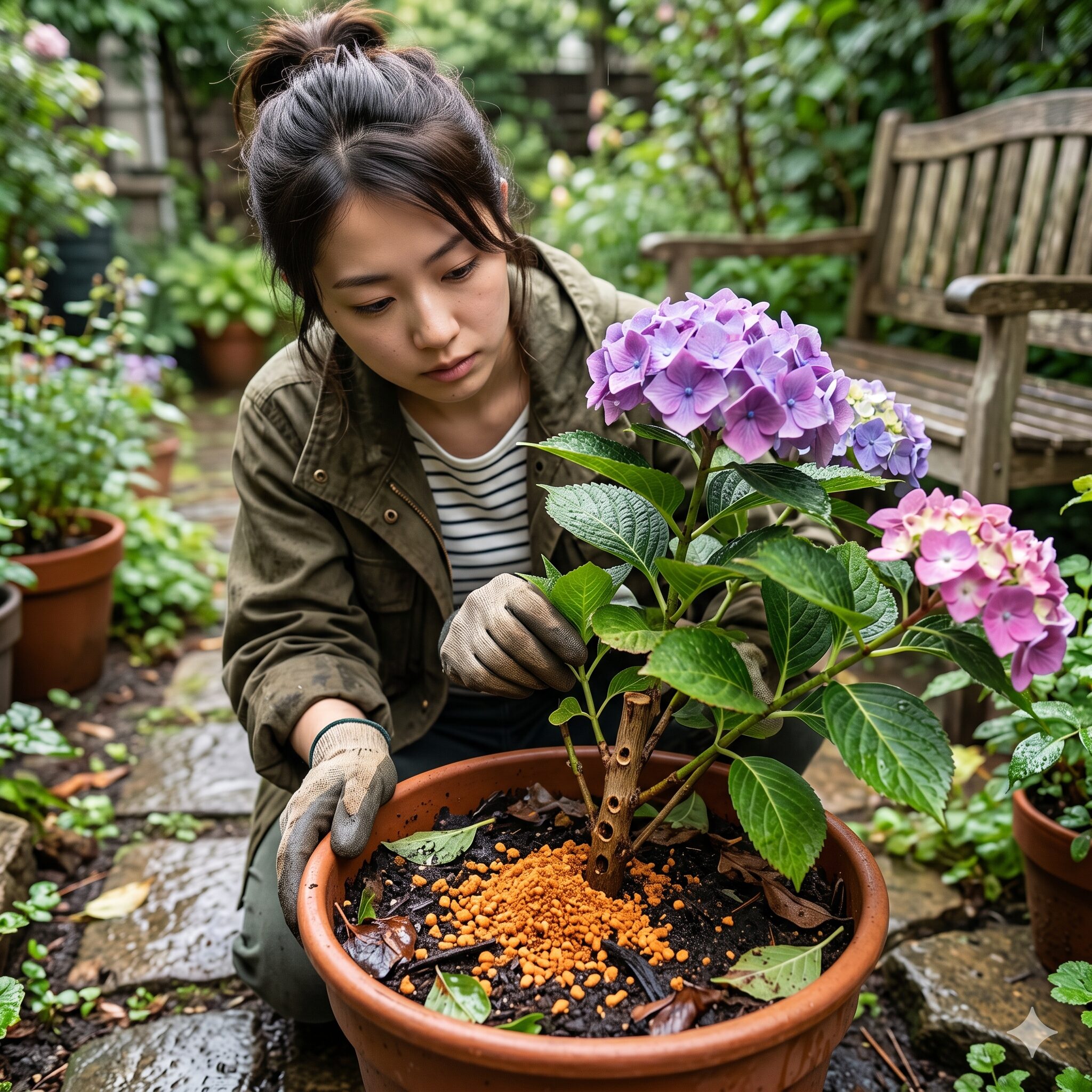 紫陽花 鉢植え 枯れる7　紫陽花の株元に散乱するカミキリムシ幼虫のフラス（おがくず状の粉）。害虫被害のサイン。