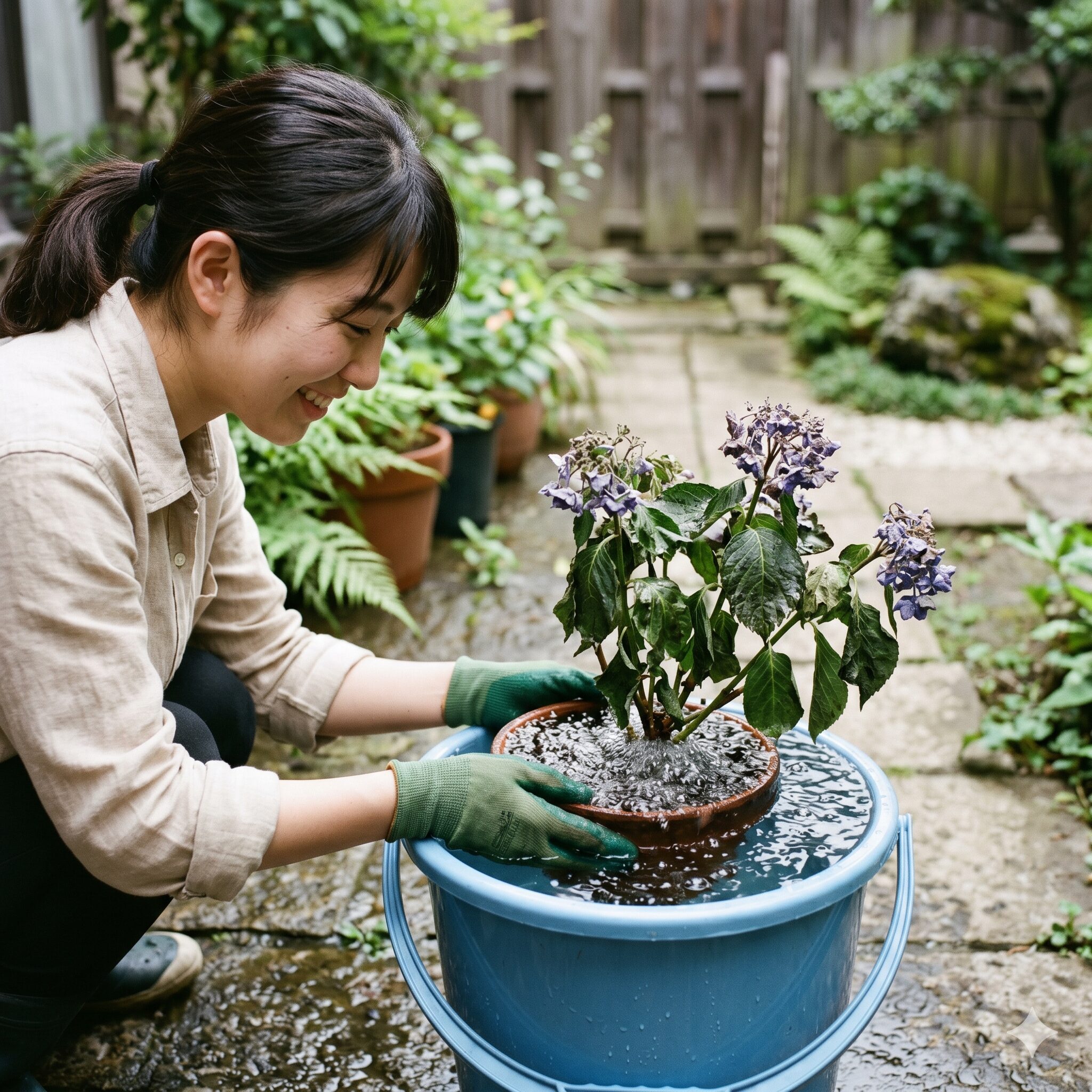 紫陽花 鉢植え 枯れる8　水切れした紫陽花を復活させるためのバケツでの鉢ごと浸水処置。ドブ漬けの手順。