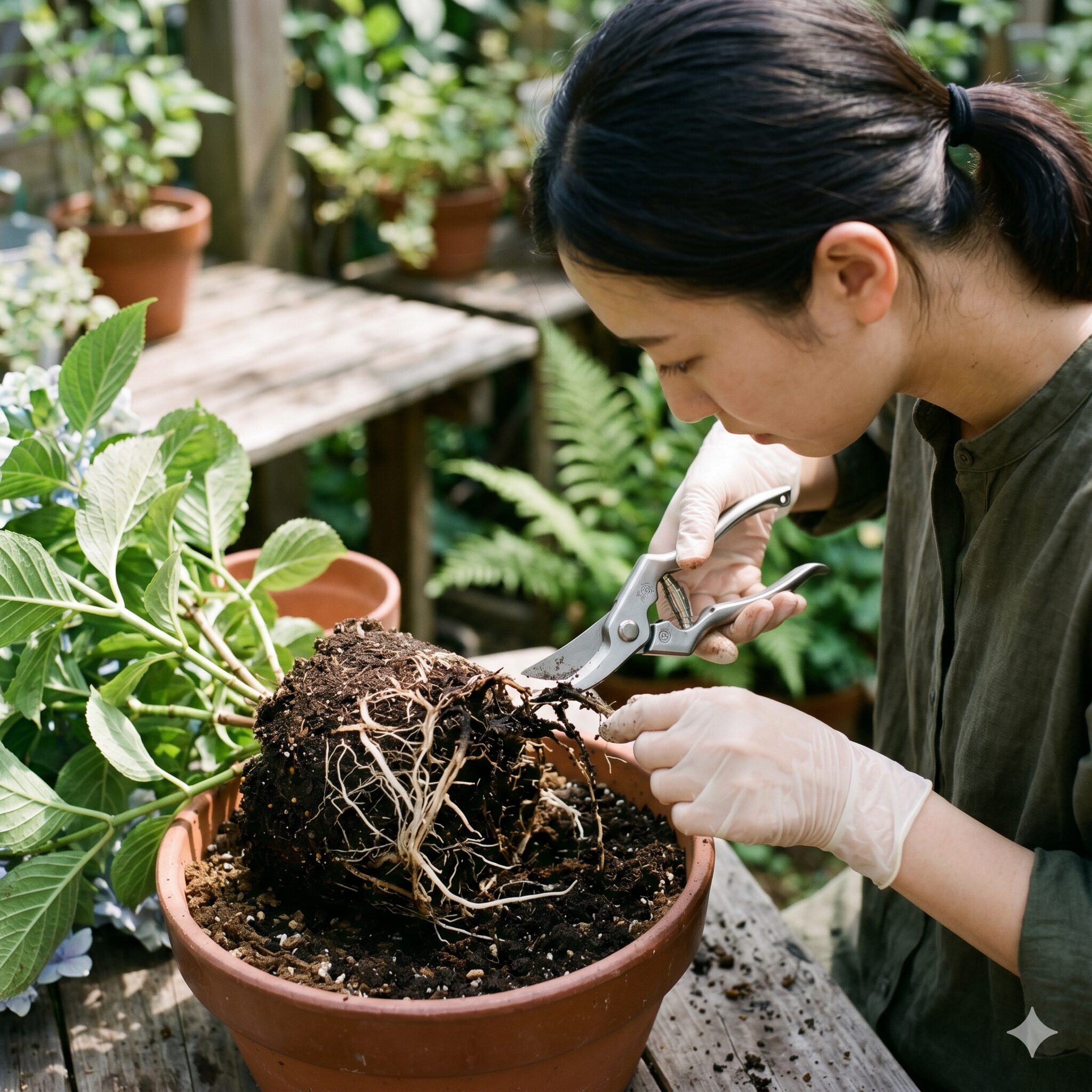 紫陽花 鉢植え 枯れる9　根腐れした紫陽花の再生作業。黒く腐った根をハサミで切り落とす外科的処置の様子。