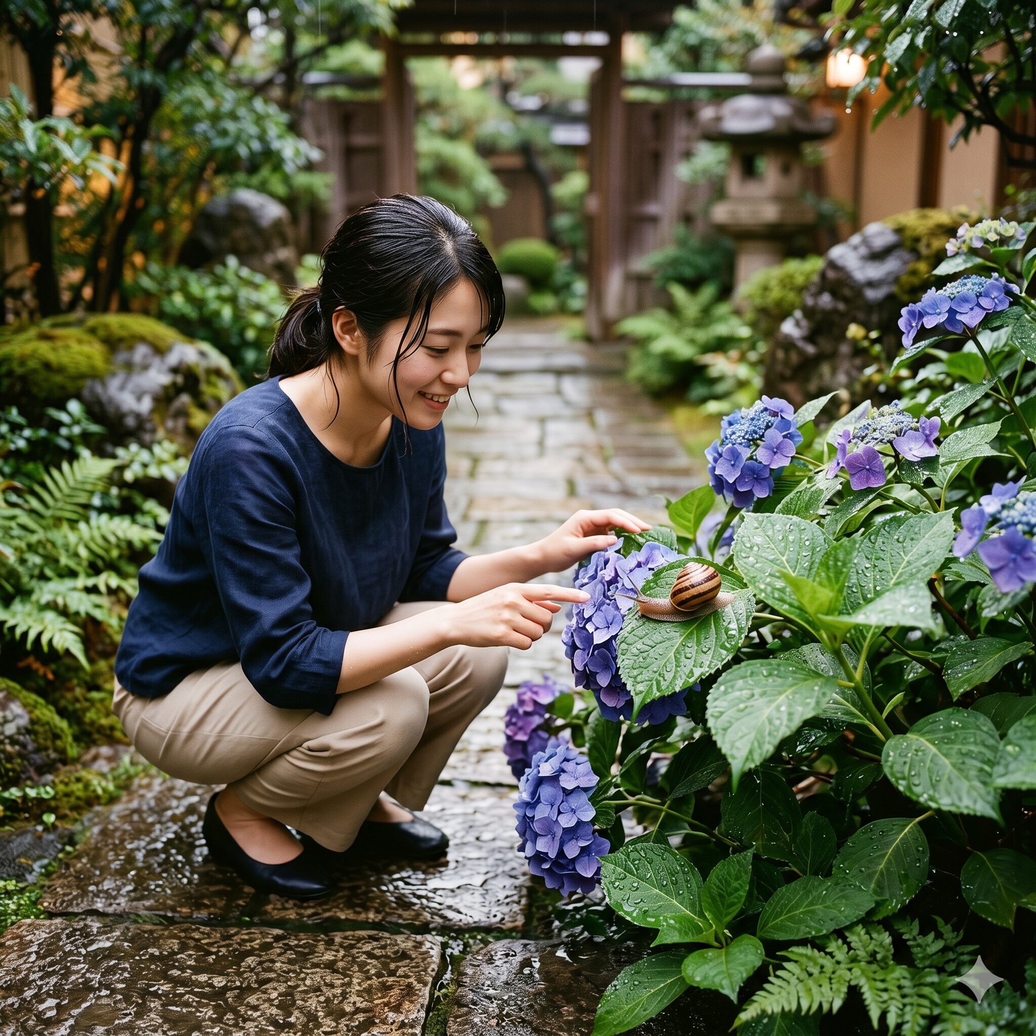 紫陽花にカタツムリ1　雨上がりの青紫色の紫陽花の葉の上に寄り添う、殻に筋のあるカタツムリの情緒的な写真
