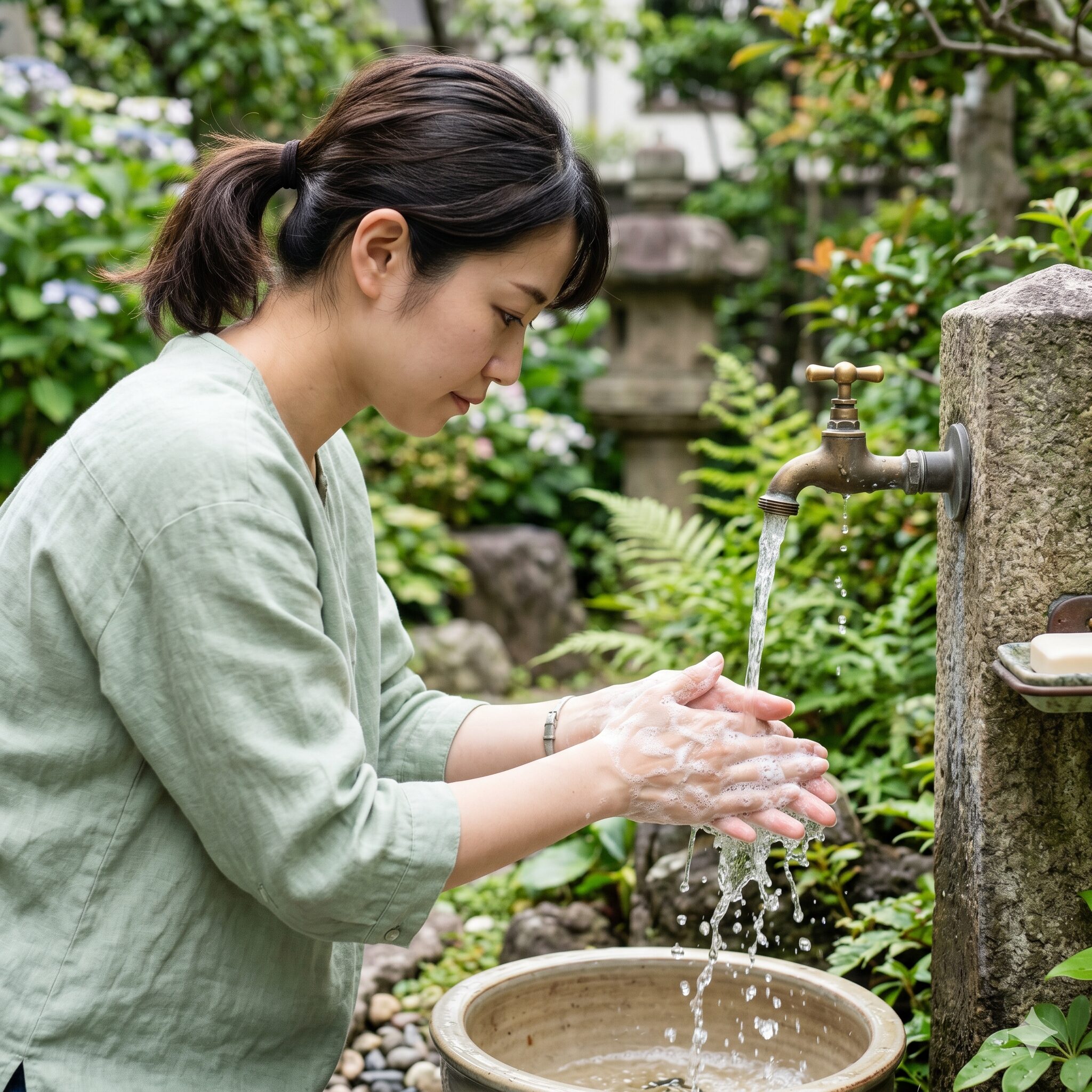 紫陽花にカタツムリ10 庭の水栓で石鹸の泡を使い、指の間や爪まで丁寧に手を洗う様子を示すハウツー写真