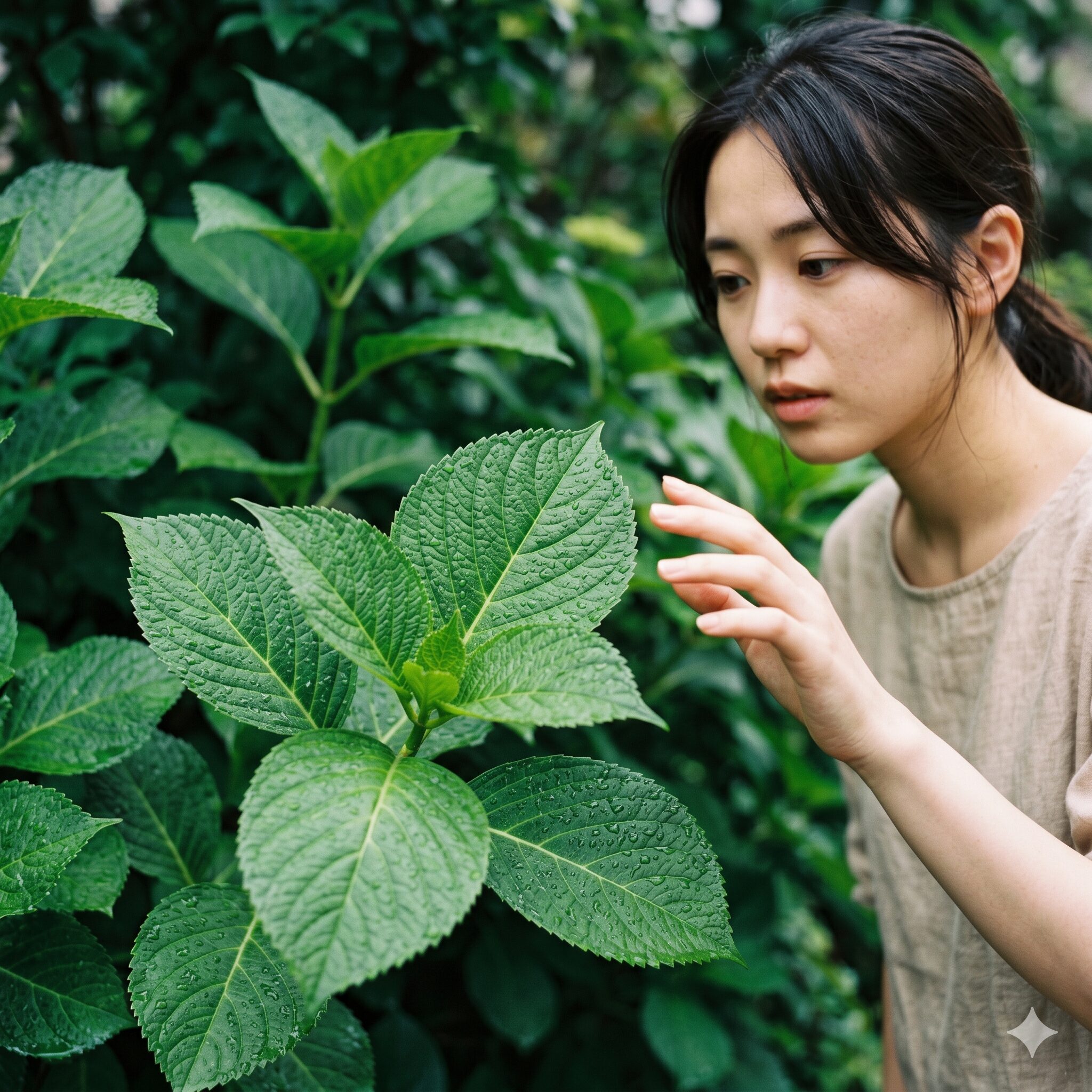 紫陽花にカタツムリ2 紫陽花の葉の鮮やかな緑色と質感、人間の手が近づく毒性への注意喚起を示すクローズアップ写真