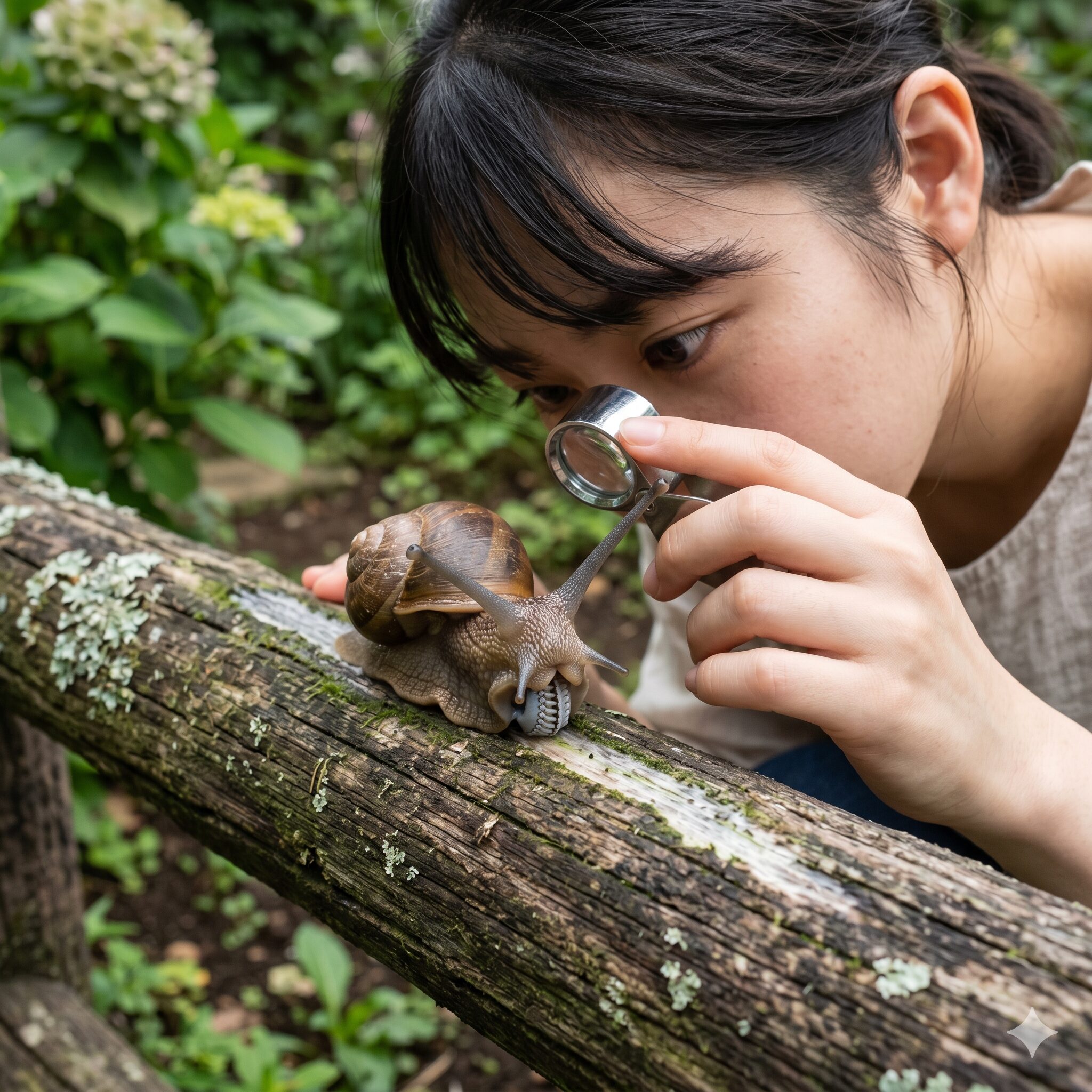 紫陽花にカタツムリ3 マクロ撮影で捉えたカタツムリの歯舌が、紫陽花の枝の藻類を削り取る摂食行動の様子