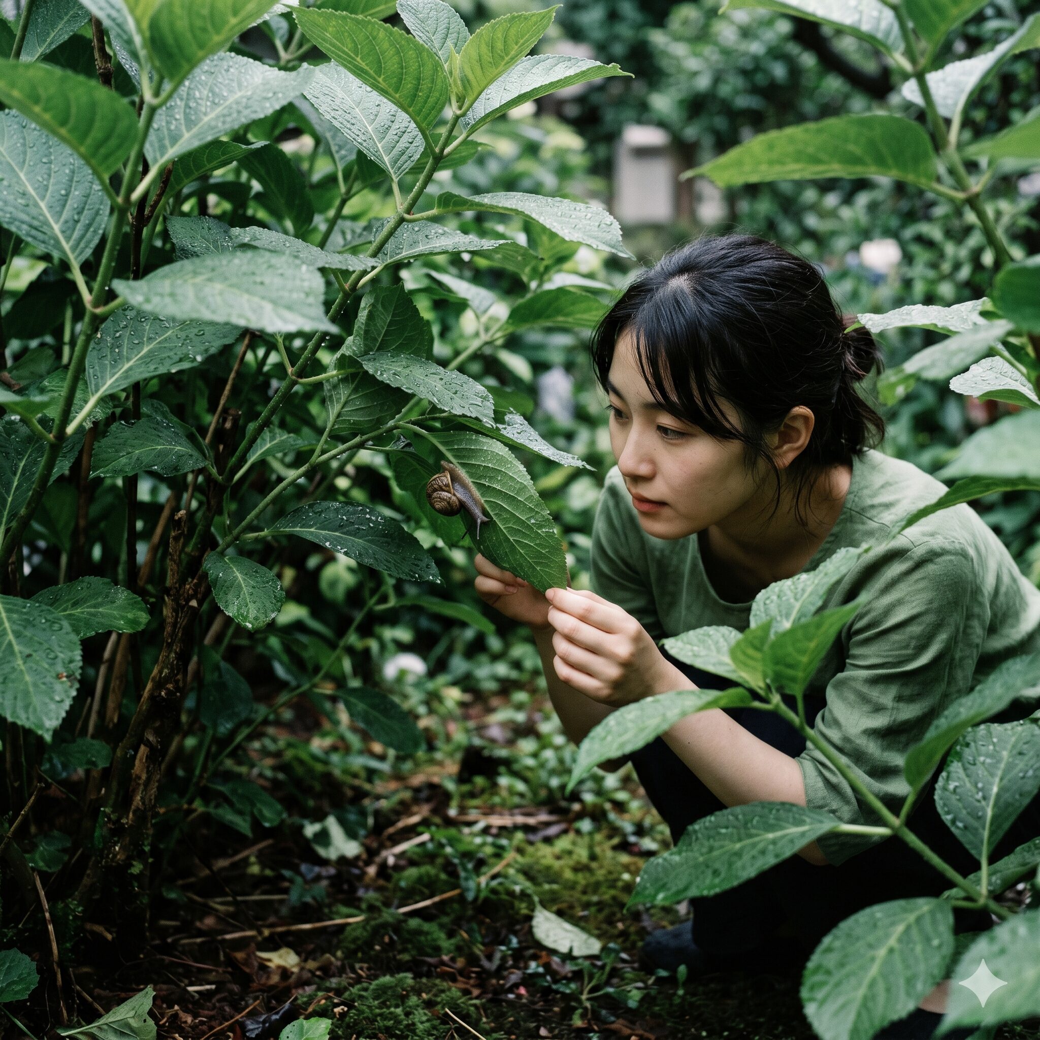 紫陽花にカタツムリ4 紫陽花の葉の茂みが生み出す高い湿度と、乾燥を避けて隠れるカタツムリの生存戦略を示す写真