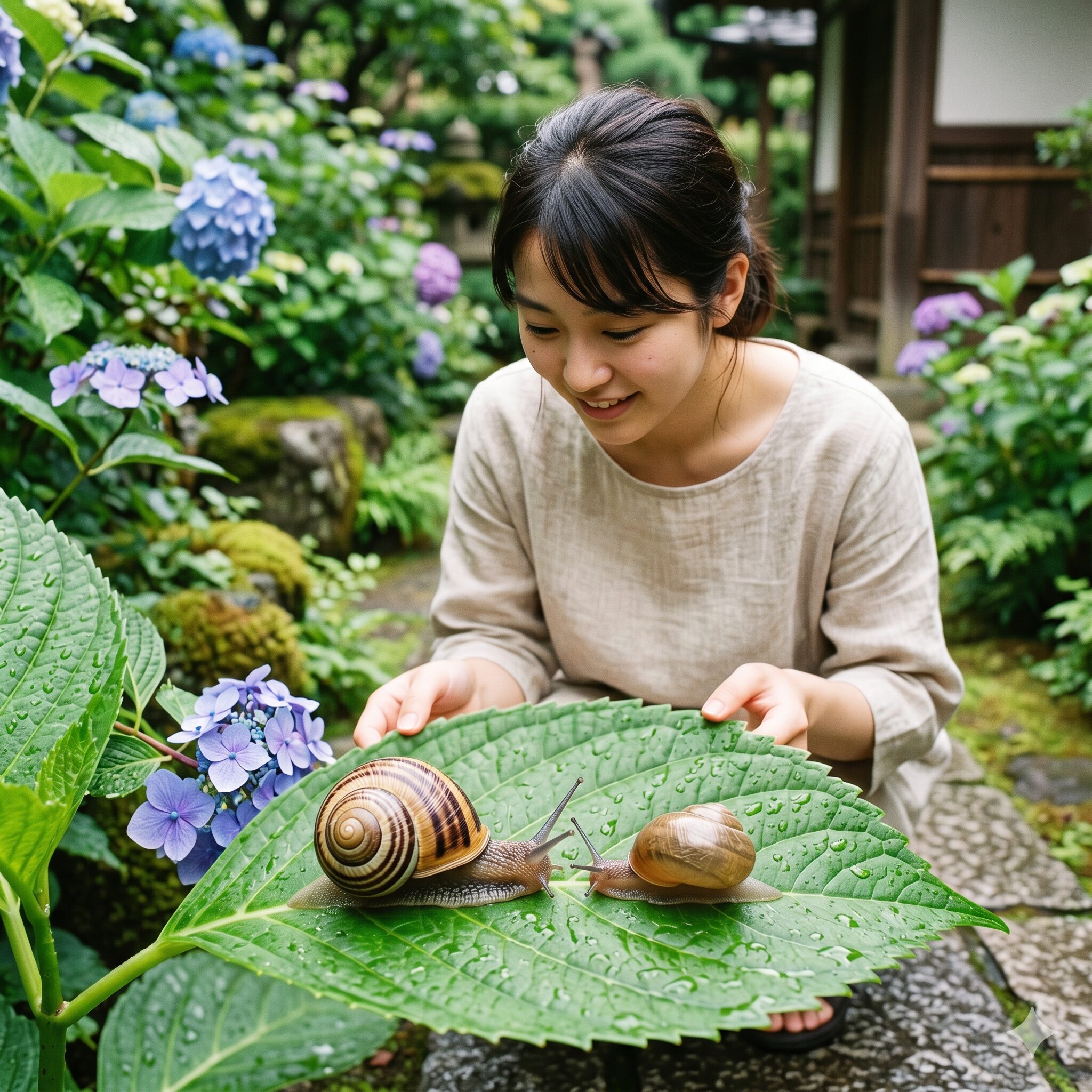 紫陽花にカタツムリ5 紫陽花の葉の上で比較される、殻に筋があるミスジマイマイと筋がないウスカワマイマイの写真