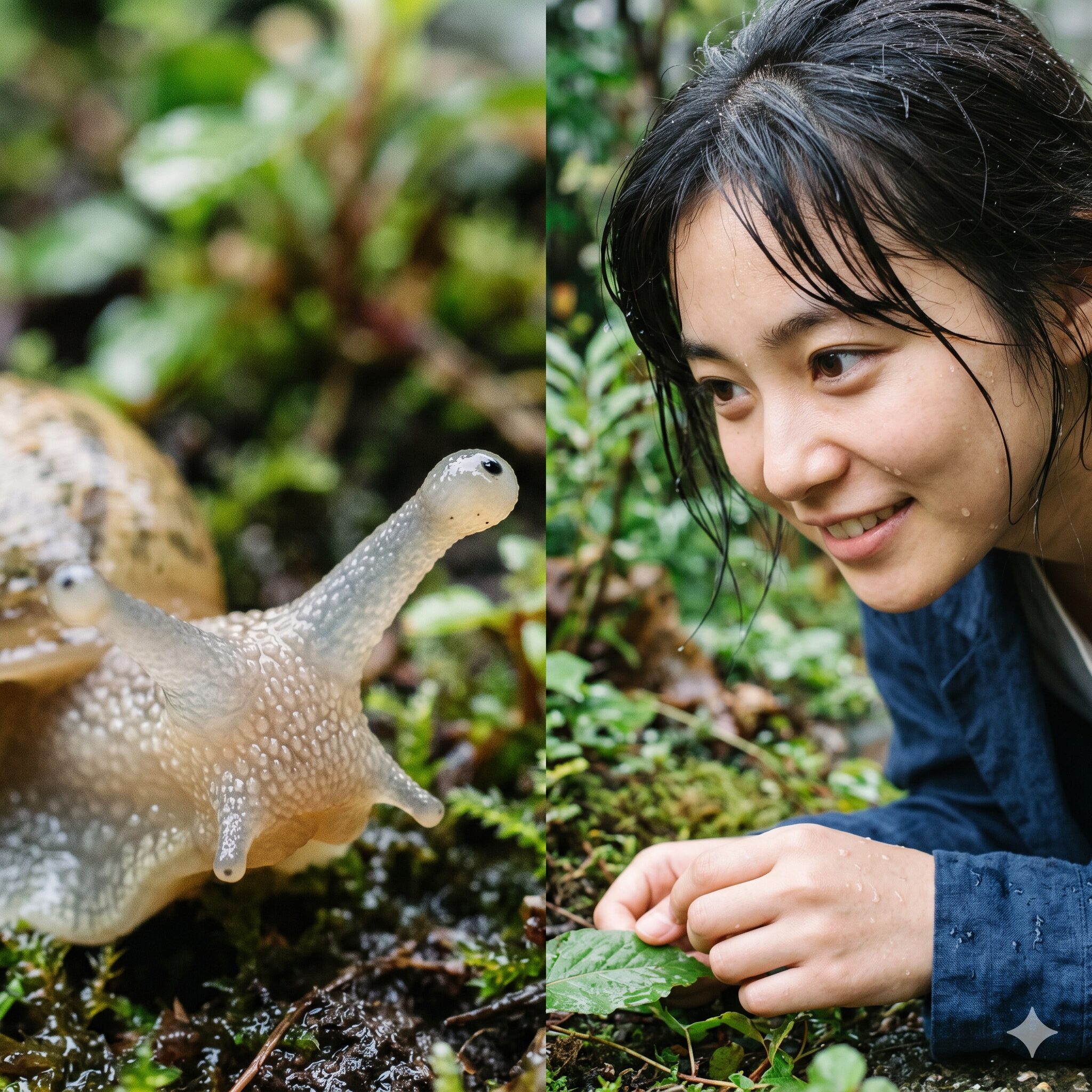 紫陽花にカタツムリ6 マクロ撮影で詳細に捉えたカタツムリの触角の先端にある目(眼点)と、光を感じる様子