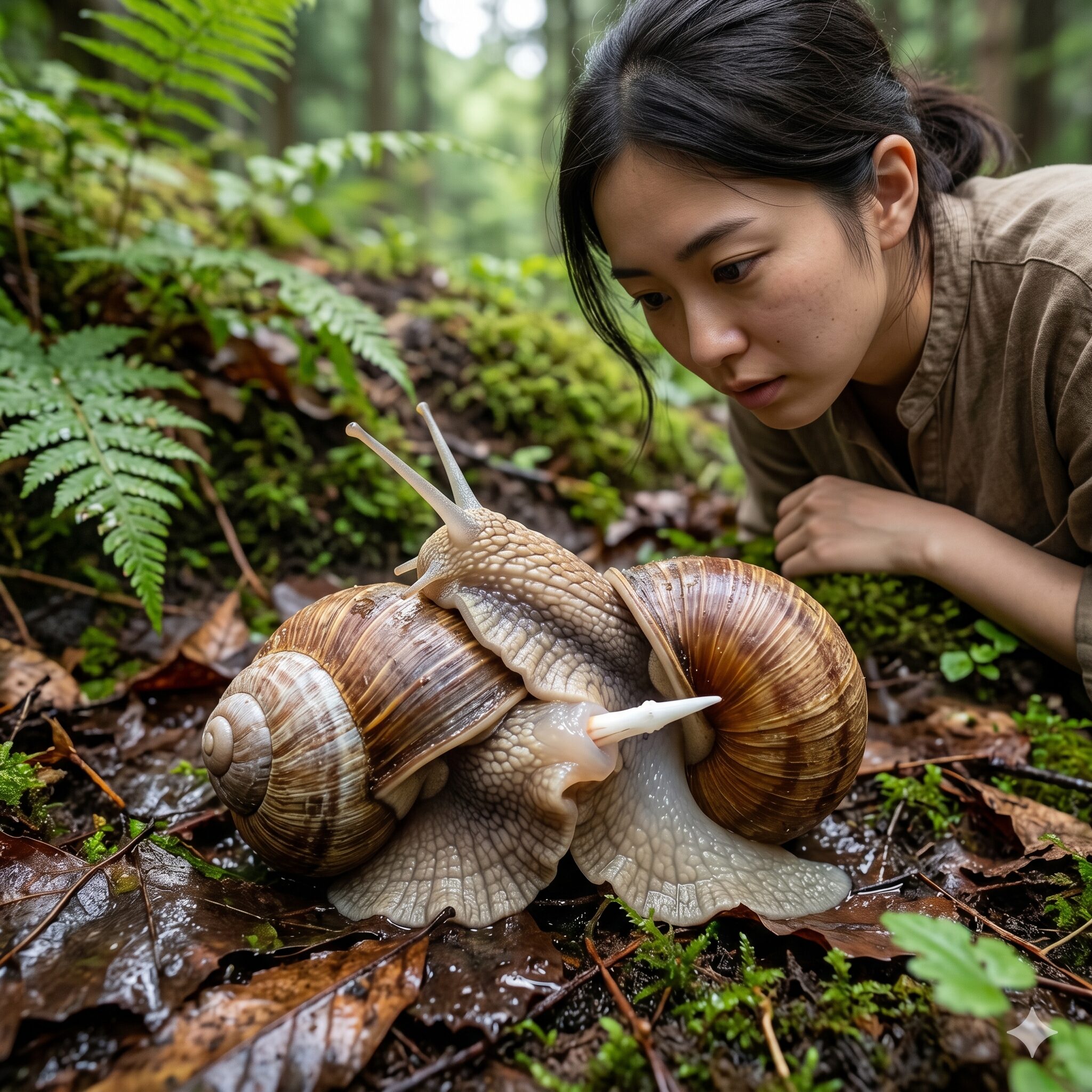紫陽花にカタツムリ7 マクロ撮影で捉えたカタツムリの交尾の際、相手に突き刺さる白く鋭い恋矢(ラブダート)の様子