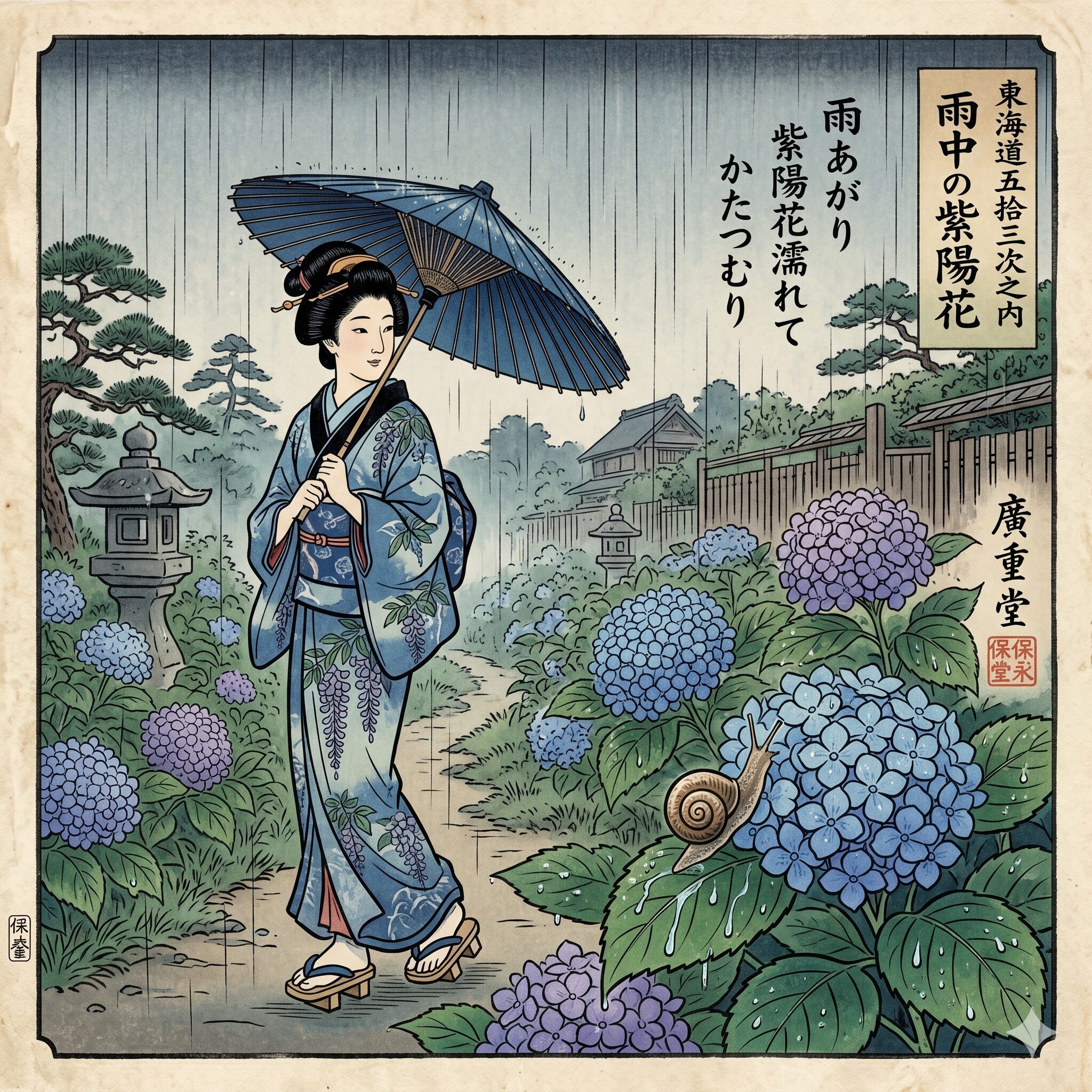 紫陽花にカタツムリ8 歌川広重の浮世絵に描かれた、雨の中の紫陽花とカタツムリの日本の美意識を示すイメージ図
