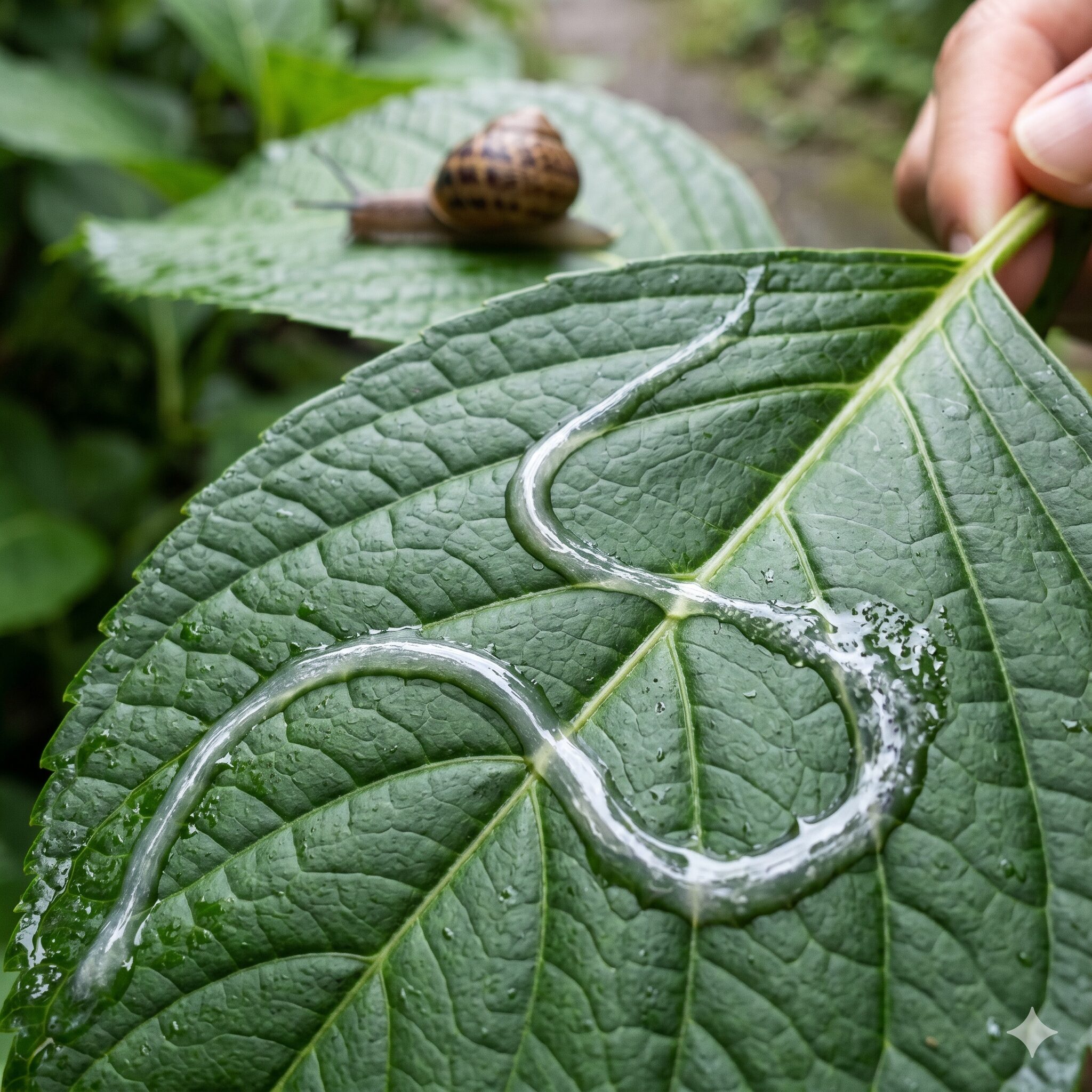 紫陽花にカタツムリ9 マクロ撮影で捉えた紫陽花の葉に残る、カタツムリの這い跡(粘液)と寄生虫リスクへの注意喚起