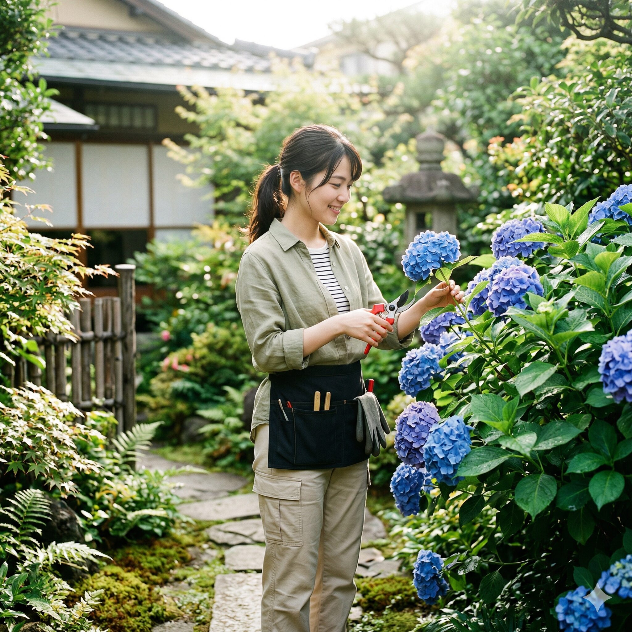 紫陽花の剪定1　日本の庭で青い紫陽花の剪定を始める準備をする女性の様子