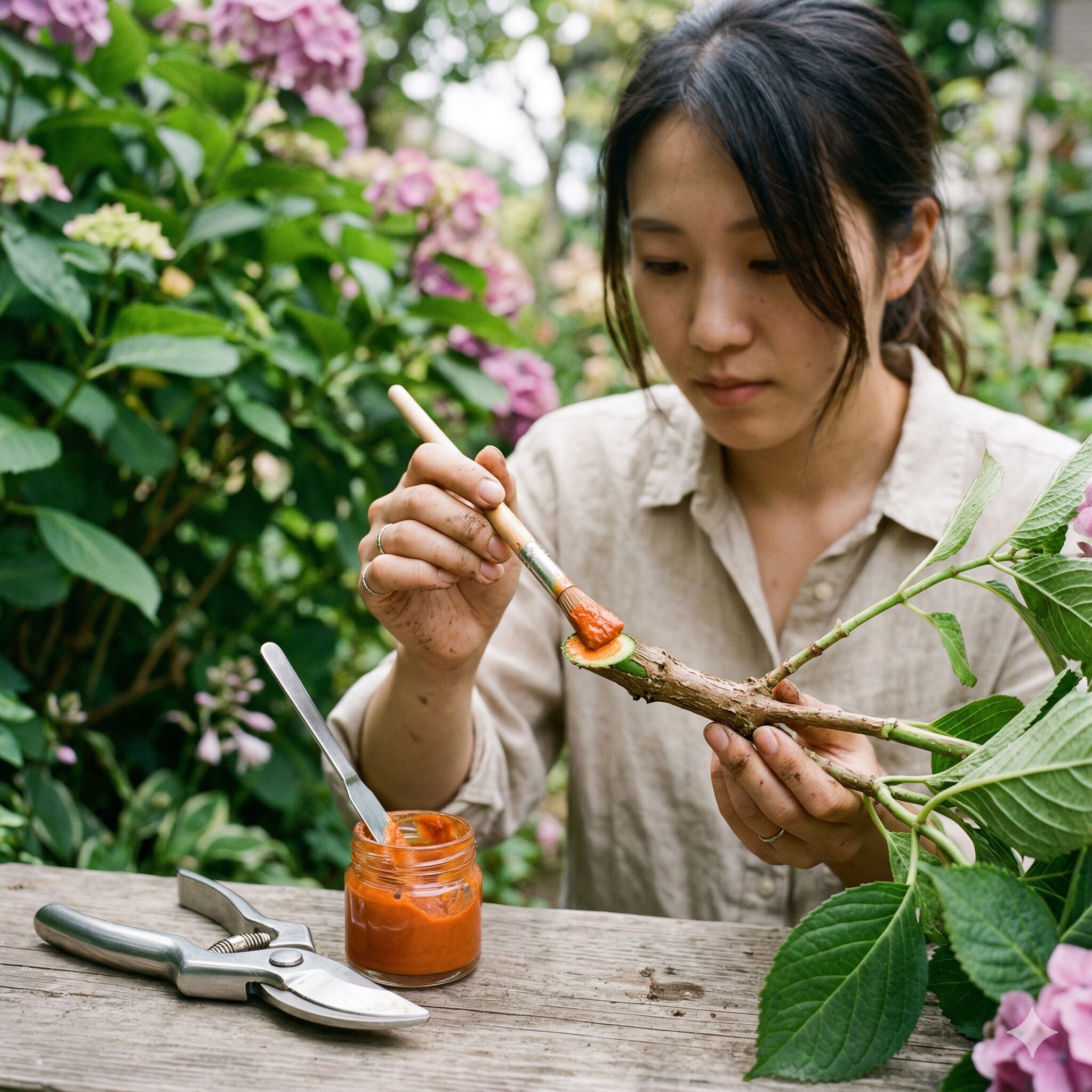 紫陽花の剪定10　紫陽花の剪定バサミのメンテナンスと切り口への癒合剤塗布