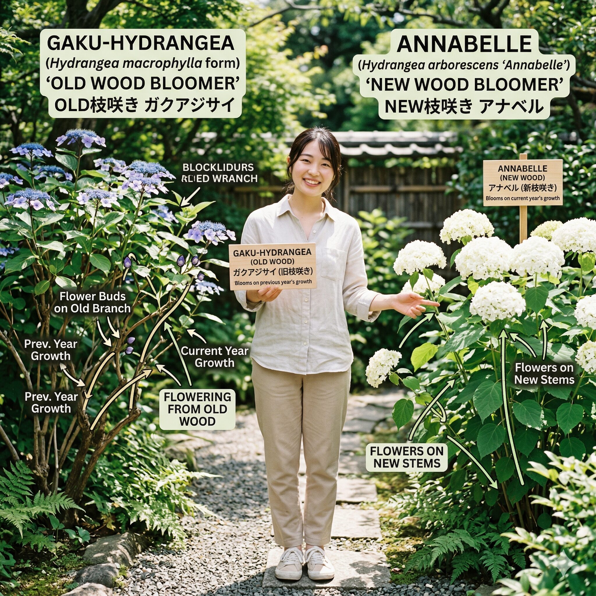 紫陽花の剪定2　紫陽花の系統である旧枝咲きと新枝咲きの違いを比較した写真