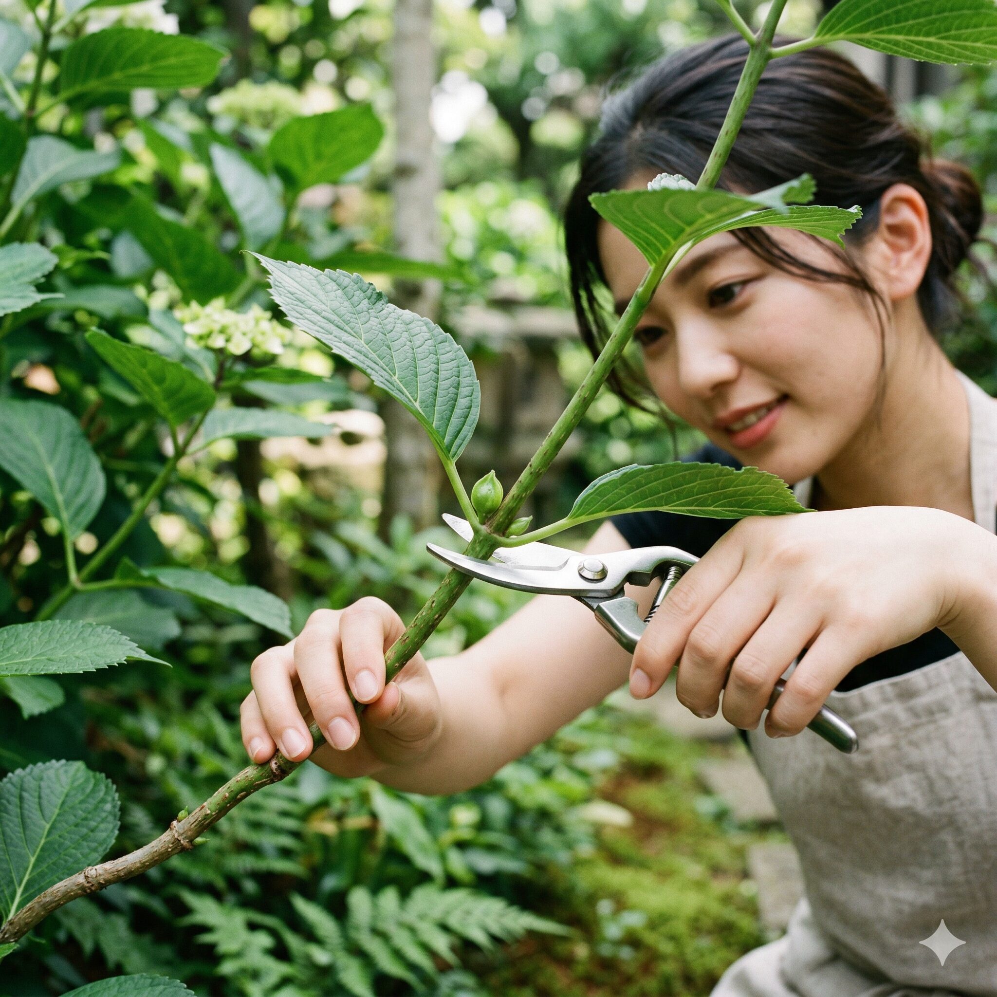 紫陽花の剪定3　紫陽花のわき芽から2cm上の正しい剪定位置を示す接写写真