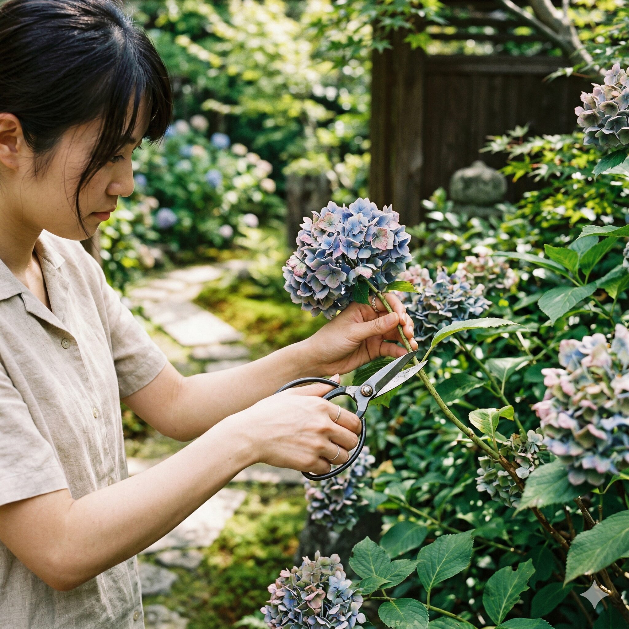 紫陽花の剪定4　7月の花後すぐに行う旧枝咲き紫陽花の剪定作業の手元