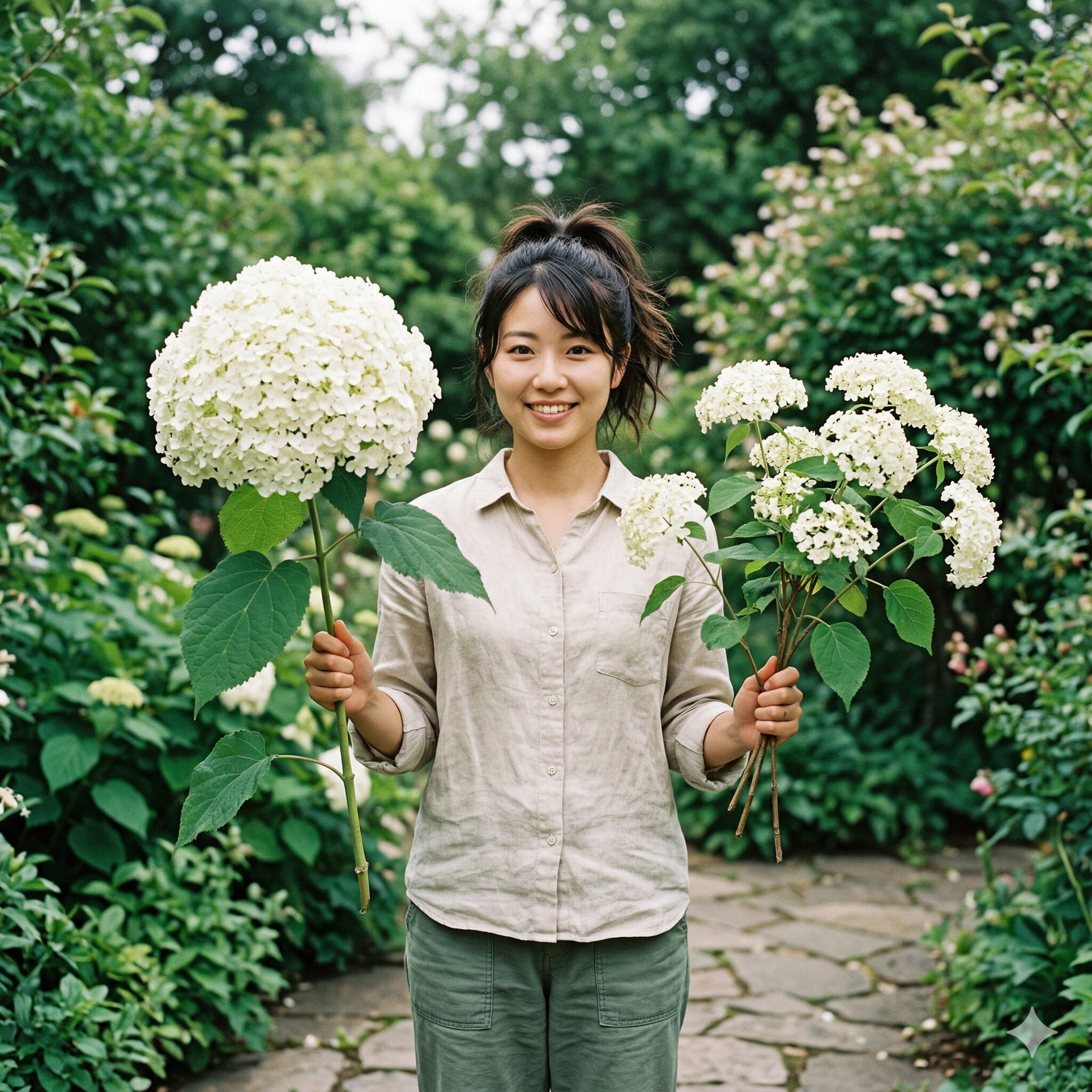 紫陽花の剪定8　強剪定と弱剪定によるアナベルの花の大きさの違いの比較