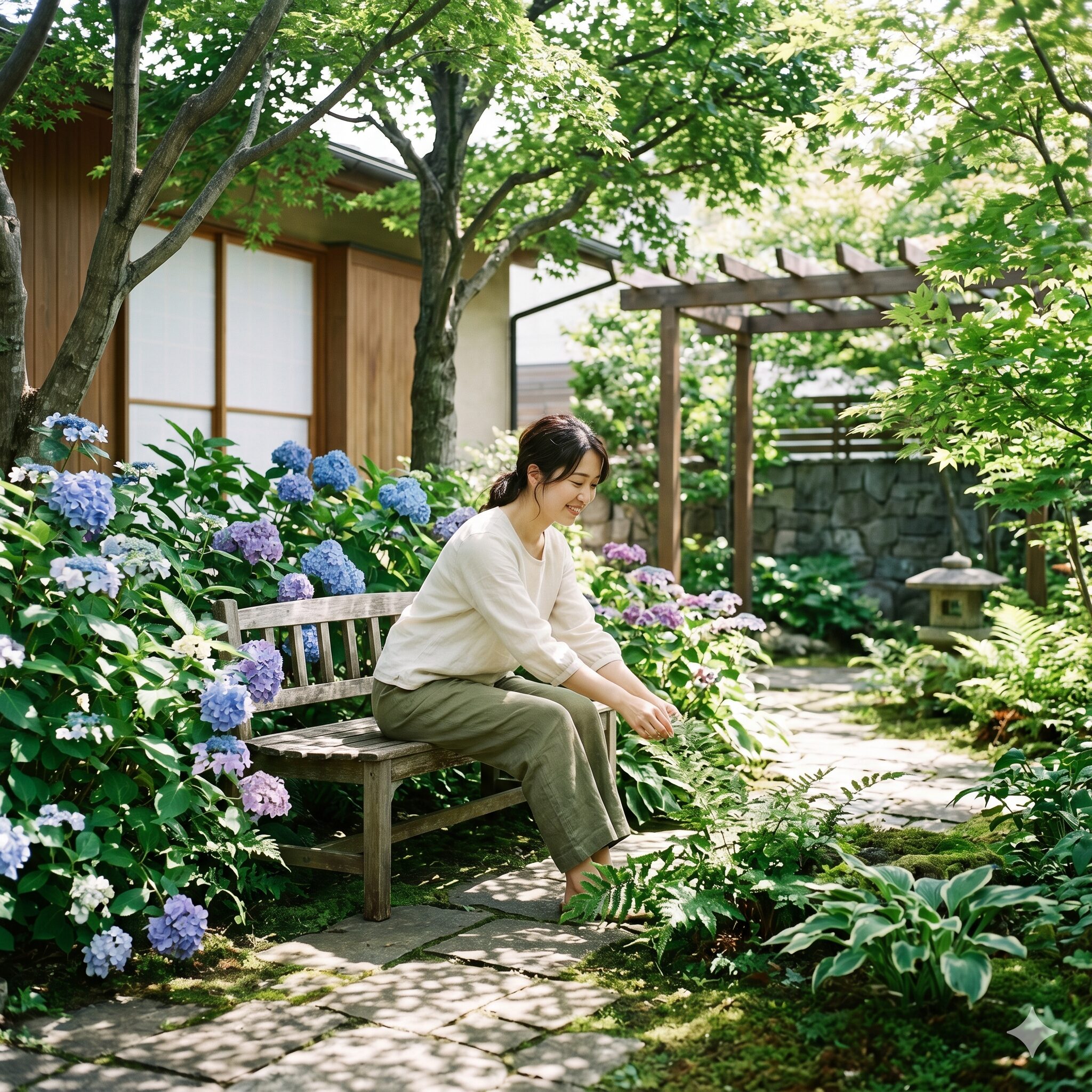 紫陽花を植える時期2　紫陽花を植える時期の場所選びに最適な、朝日が当たる半日陰の庭の植栽スペース